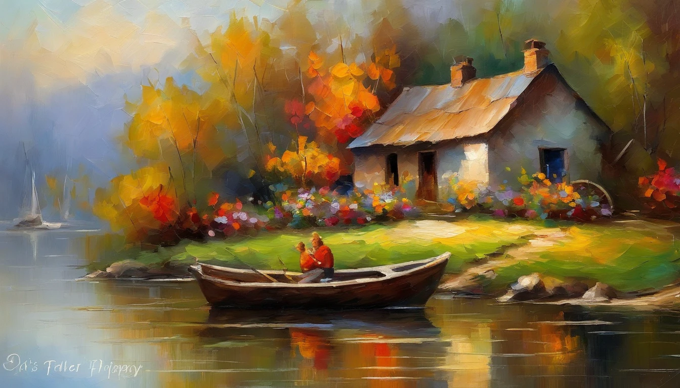 There is an old cottage by the river, Fishing boats near the water hut, ((Ducklings swim near the boat)), Flowers bloom next to the cottage, An old man smokes,Sit in front of the cabin. Masterpiece works of art.