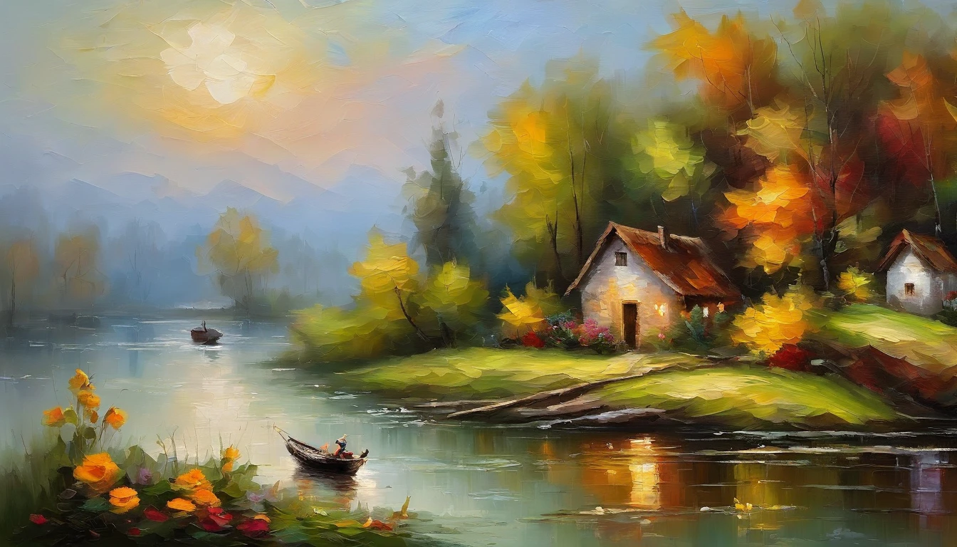 There is an old cottage by the river, Fishing boats near the water hut, ((Ducklings swim near the boat)), Flowers bloom next to the cottage, An old man smokes,Sit in front of the cabin. Masterpiece works of art.