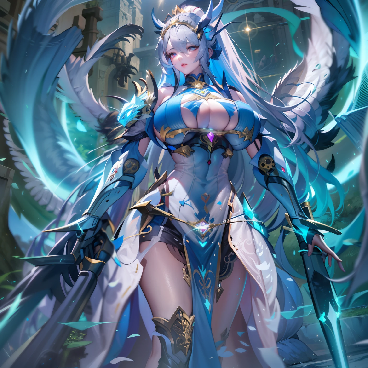 battlemech,(Blonde girl),(Huge ponytail),Glowing blue eyes,Blue Light Energy Longsword,Galactic,Mechanical and exquisite,((Blonde Beauty))pubic detail,mech wings,elegent,Blue Mecha,Glowing blue-blue eyes,(Stocking Heels),land,Mechanical and exquisite,pubic detail,mech wings,elegent,The tree々,There are hands and feet,angled,angled,immensity,Wind,hazy,Mecha's eyes glow blue,Blue Mecha,Glowing blue-blue eyes,Holding the sword of delicate light energy,Skysky,Mechanical and exquisite,pubic detail,Huge mech wings,elegent,The tree々,There are hands and feet,angled,angled,immensity,baiyun,hazy,Mecha's eyes glow blue,pubic detail,Winds of the future,sacredness,Cavalier,battlemech,Glowing blue eyes,Blue Delicate Sniper Rifle,Skysky,Mechanical and exquisite,pubic detail,Huge mech wings,elegent,The tree々,There are hands and feet,angled,angled,immensity,baiyun,hazy,Mecha's eyes glow blue,pubic detail,Winds of the future,sacredness,Cavalier,the face is clear,Face wearing mask armor,masterpaintings,best qualtiy,offcial art,the Extremely Detailed CG Unity 8K Wallpapers,brightened light,(light particules,(Illustration)(Farbe)goodlooking,impeccable,((Graphic Painting)),(Heavier stroke)),(bold lines),Highest image quality,masterpaintings,Filigree,long eyeslashes,(((silhuette))),Very detailed background,tulips,Banana leaves,lilie,dew,Date palm flowers,Ryu,Light white off-the-shoulder dress,Mottled sunlight,(Close-up of people),((Super best quality)), ((A very masterpiece)), ((super detailing:1.4)), ((hyper realistic lifelike 3d)), Dragon Warrior Girl, Mechanical body, Dynamic action poses in battle scenes, Mechanical weapons of very complex and heavy fighters, Off-the-shoulder fashion that blends dense and complex steampunk with dense gothic lolita, Complex steampunk headgear, very thin long legs, Mechanical boots above the knee, Fluttering lace flared mini skirt, beautiful big breasts directed upwards,Somewhat long, Vertical curly silver hair fluttering in the wind,Countless shining large sphe