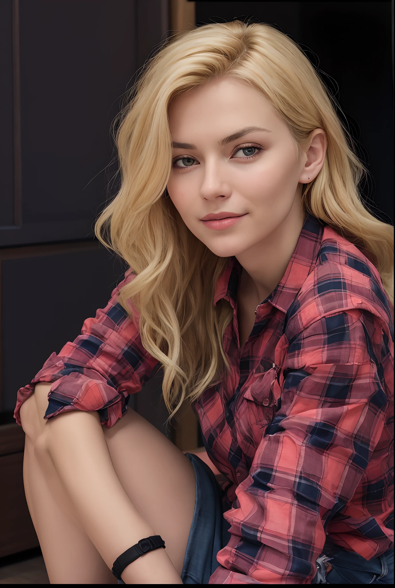 Blonde woman in plaid shirt sitting on the floor with her legs crossed, Irina Nordsol Kuzmina, vestindo uma camisa vermelha de lenhador, Yelena Belova, vestindo uma camisa xadrez, vestindo camisa xadrez, vestindo uma camisa de flanela, Alina Ivanchenko, Anastasia Ovchinnikova, Madalena Radziej, flanela, inspired by Louisa Matthíasdóttir