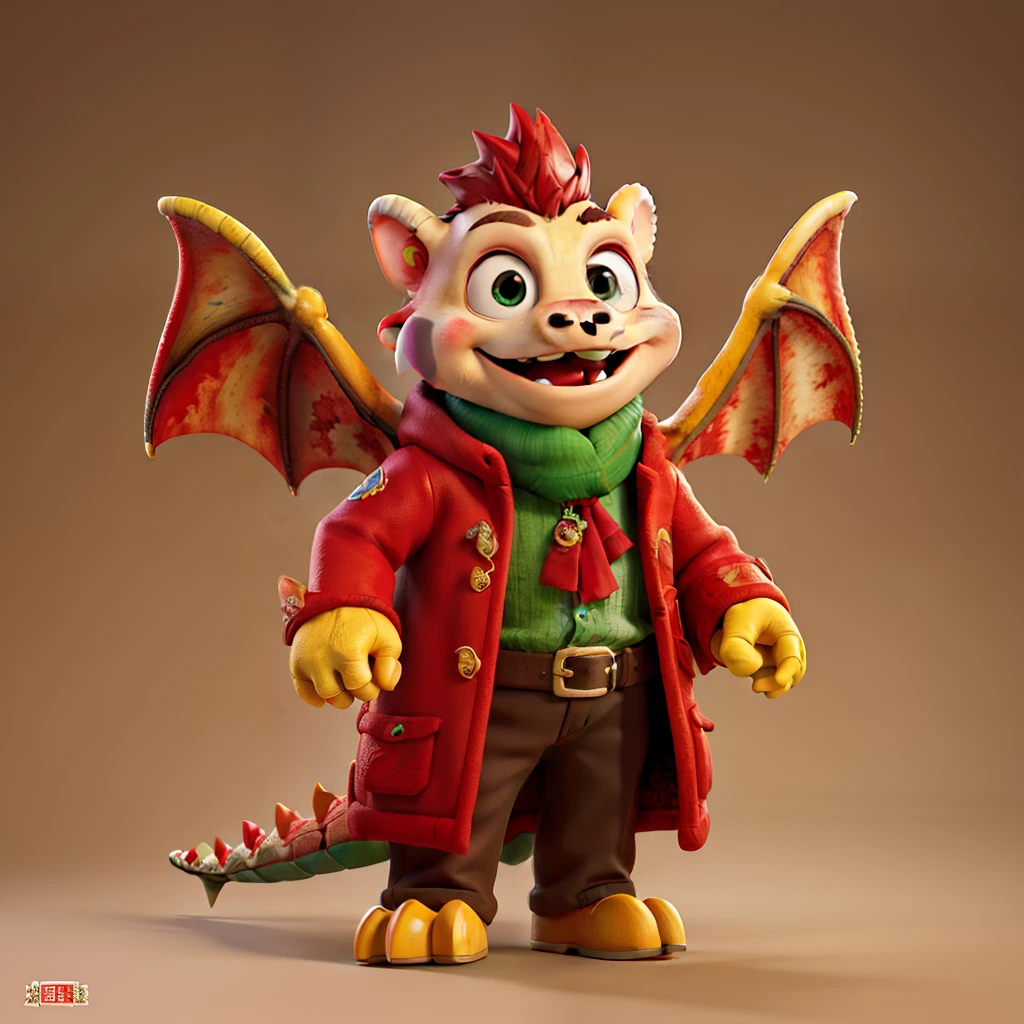 tmasterpiece,The best quality,Dragons with eyes,Full body photo,Red coat,yellow backdrop,holding a map,Disney style