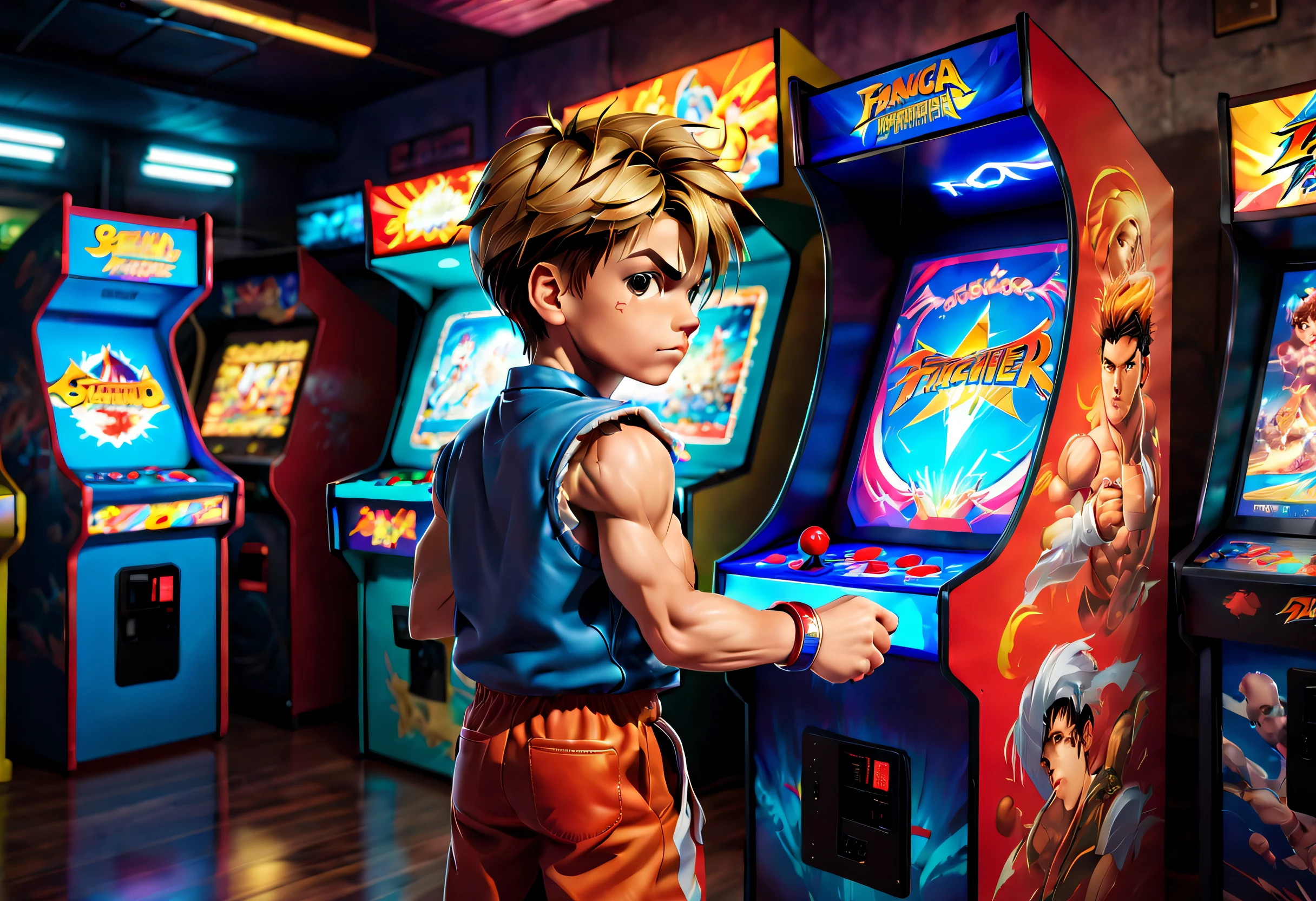 （best qualtiy， tmasterpiece）， The popular arcade arcade machine of the 90s, A handsome  boy passionately playing Street Fighter fighting games, He stands in front of an arcade machine with a color display, Showcase the game's exciting visuals. There is a strong sense of nostalgia in the air. The arcades are brightly lit, The walls are decorated with classic game posters and three-dimensional models of game characters, The littleolds the joystick of the arcade, Manipulate his character quickly and skillfully, Gorgeous combinations and skills are displayed on the screen, (Fang, Anime style, Wide shot, Sideways, 8K, Super detail, ccurate, Best quality, Anatomically correct, A high resolution)