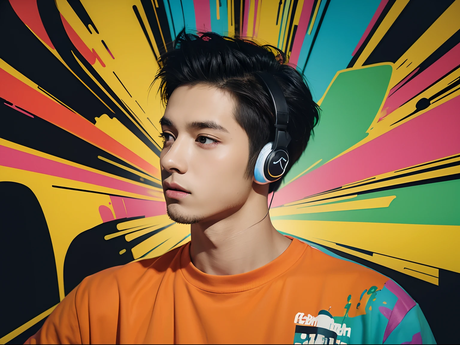 ready-to-print vector t-shirt art colorful graffiti illustration of a silhouette of a young man with headphones listening to music, christian, catholic elements, vibrant color, high detail, watercolor art