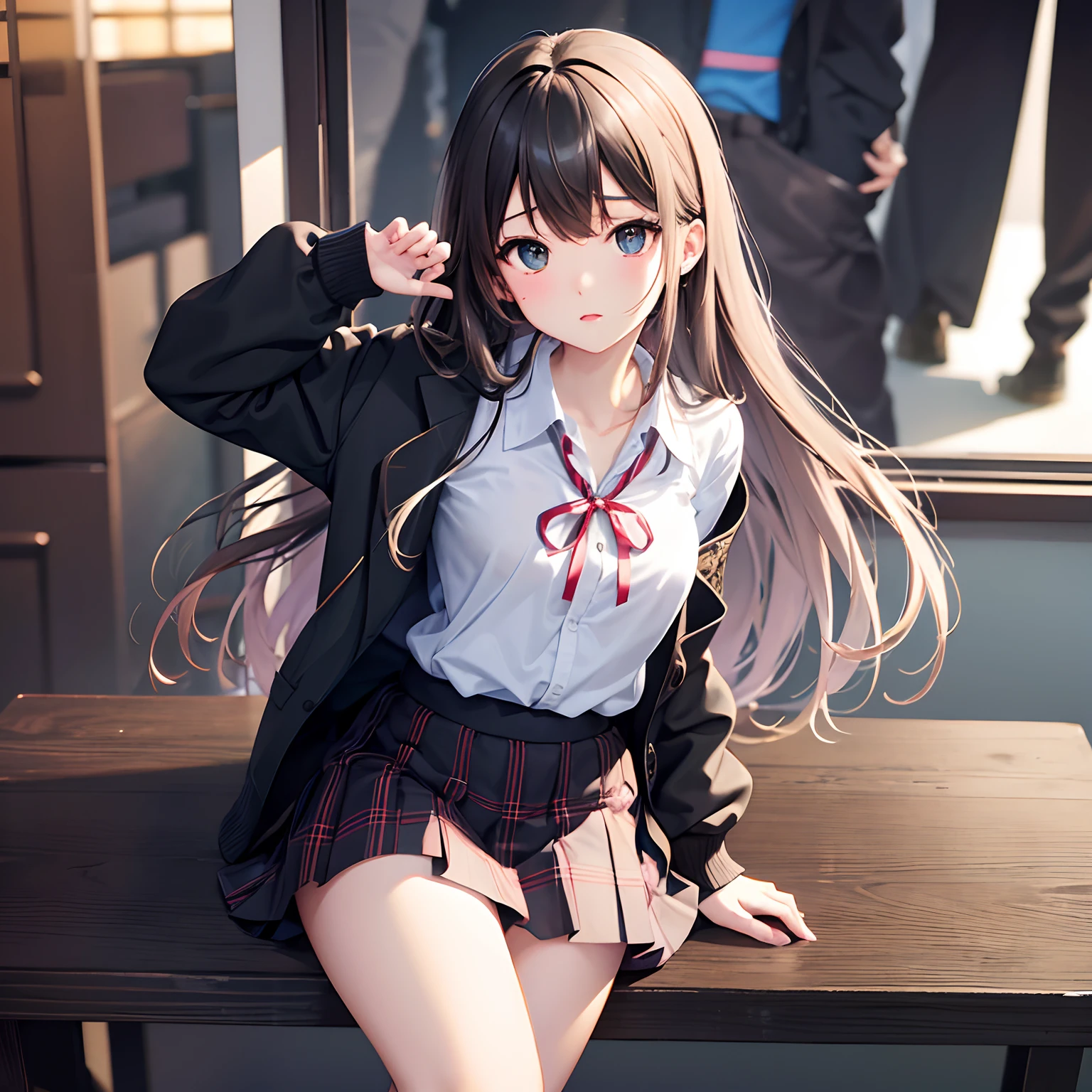Hi-Res、erect through、Fold your hands behind your back、foco nítido、pixiv's masterpiece、((intricate detailes))、High Detail、full bodyesbian、inaba_himeko、1girl in、A dark-haired、Black sweater、(Black eye:1.3)、student clothes、Sweaters、dress shirts、jaket、blazers、blue ribbons、The shirt、plaid skirts、