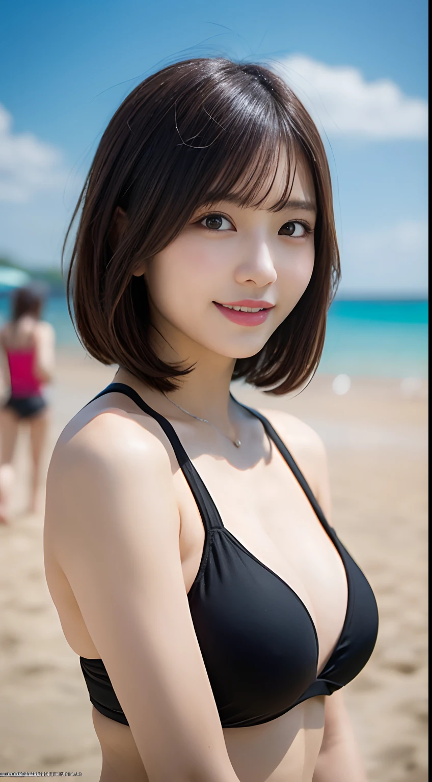 masutepiece, Best quality, illustration, Medium and long distance bust photo,Ultra-detailed, finedetail, A high resolution, 8K wallpaper, Perfect dynamic composition, Beautiful detailed eyes, Summer of Ladies,Short Bob Hair,small tits, Bold sexy pose,Smile,Harajuku,20 years girl,Cute,Look at the sexy shots of the lens,Beach volleyball,maikurobikini,(Underarms),Medium and long distance bust photo,
