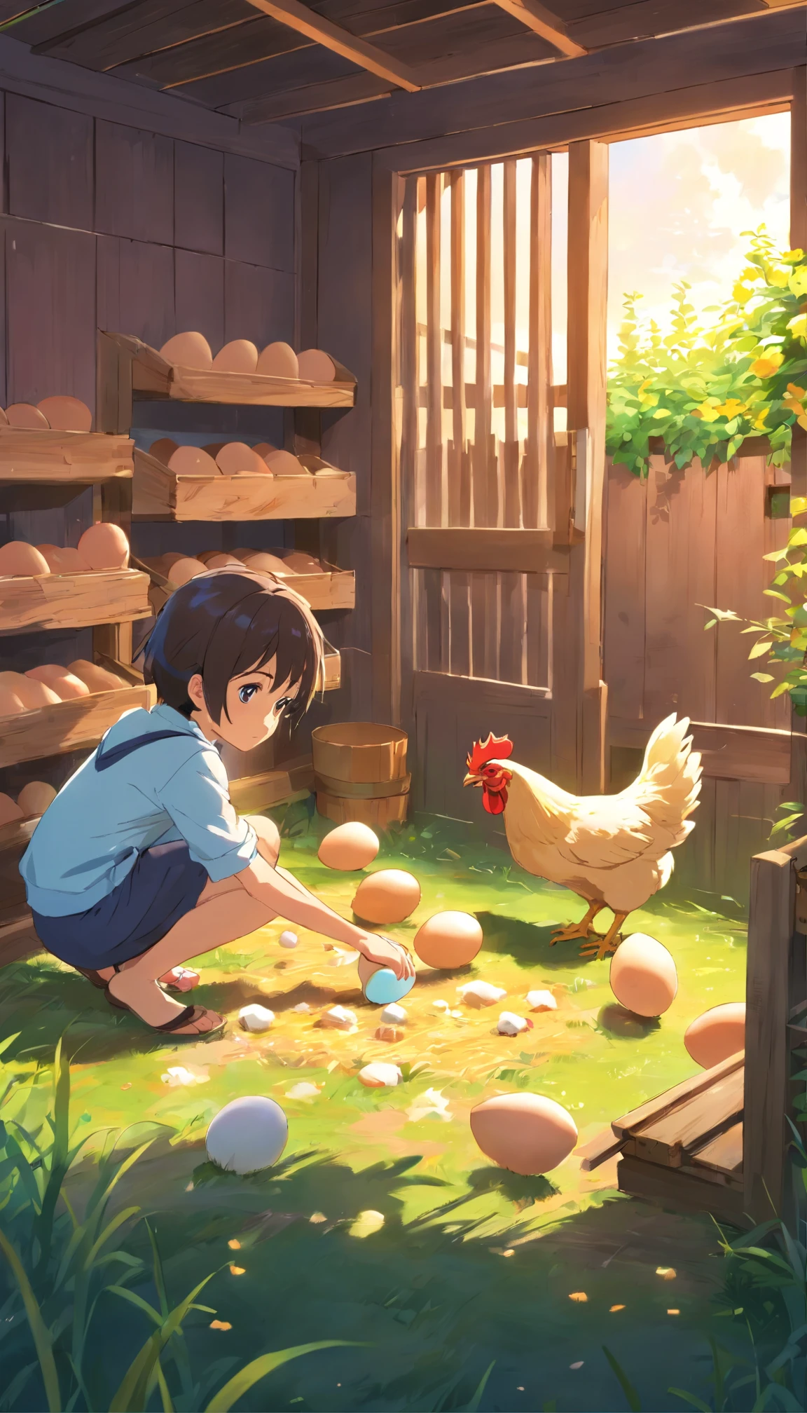 Children collect eggs in the chicken coop.