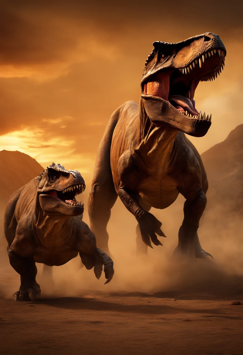 a battle between a T-Rex and a triceratops, (best quality, 4k, highres, ultra-detailed), intense fight, roaring and trumpeting sounds, dusty prehistoric landscape, realistic shadows, vivid colors, (detailed, intricate, elaborate) dinosaur scales and textures, dynamic movements, (fiercermined) expressions on the dinosaur faces, (powerful, muscular) bodies, sharp teeth and horns, (large, imposing) size, (dramatic, dynamic) lighting, (powerful, energetic) poses, (tension, anticipation) in the air