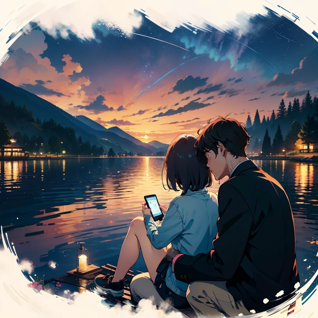 Man and woman sitting near lake smoking weeds, Woman puts her head on a man's shoulder、Both of them were watching the stars at night near the lake, koi, The city behind the lake a little further away, hard disk