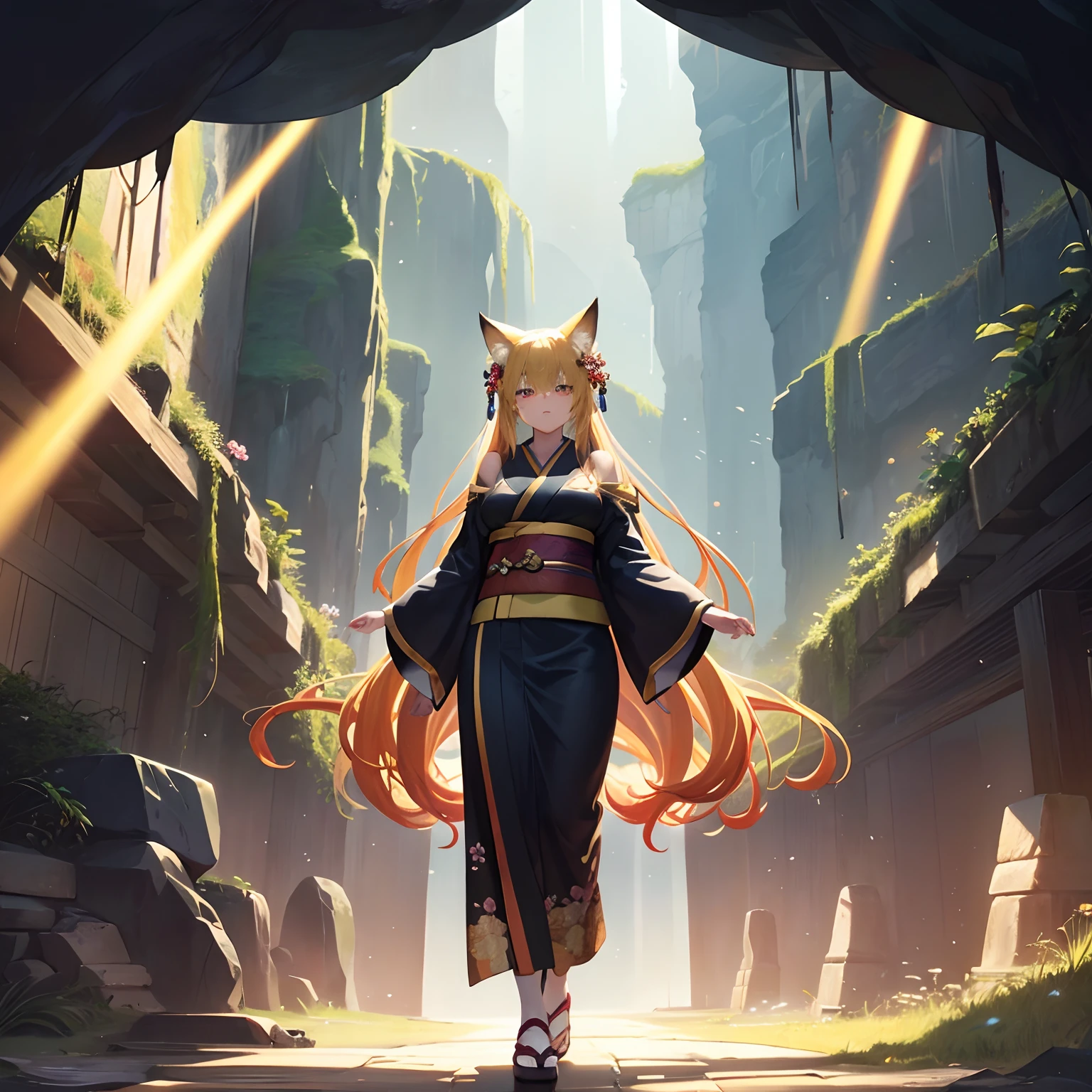 Focus on the landscape、Landscape in a cave、Golden Fox、Fox Maiden、a lot of big fox tails、Golden Eyes、length hair、Golden hair、a large amount of hair、1人の女性、adult lady、large full breasts、Thick kimono、Traditional kimono、Black kimono、Plum floral pattern、Overlapping kimonos、Triumphant look、Groundwater veins、Stand on a path inside a cave、Cave、dark ambiance、No sunlight、Multicolored ores