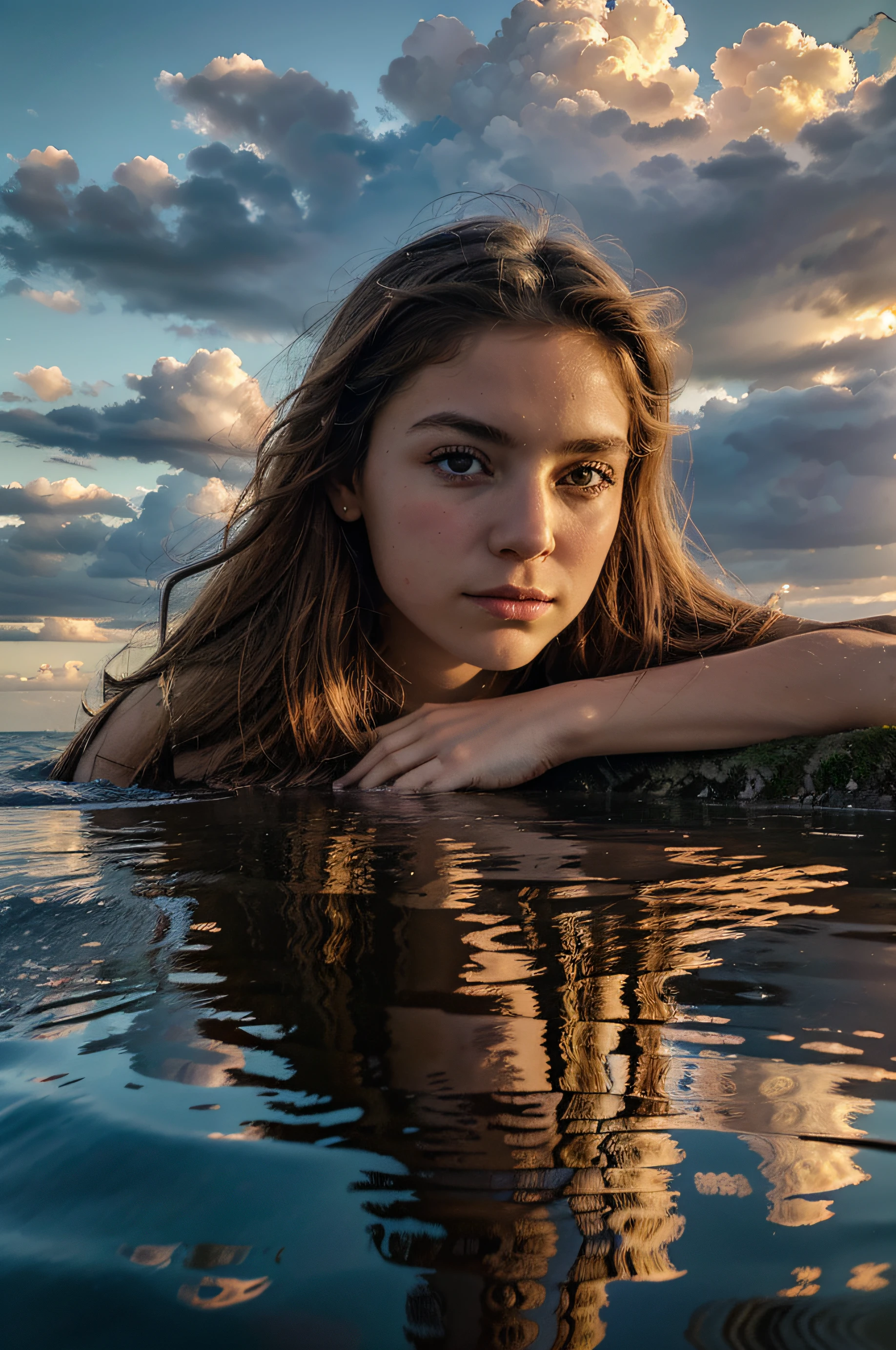 teenage girl, year 1995, topless, curly hair, ultra realistic, realistic skin, ultra detailed face, Auroral Dreamscape style of a peaceful lakeside at dawn, merging aurora-like dreaminess with a realistic touch, in dawn pink and misty grey
