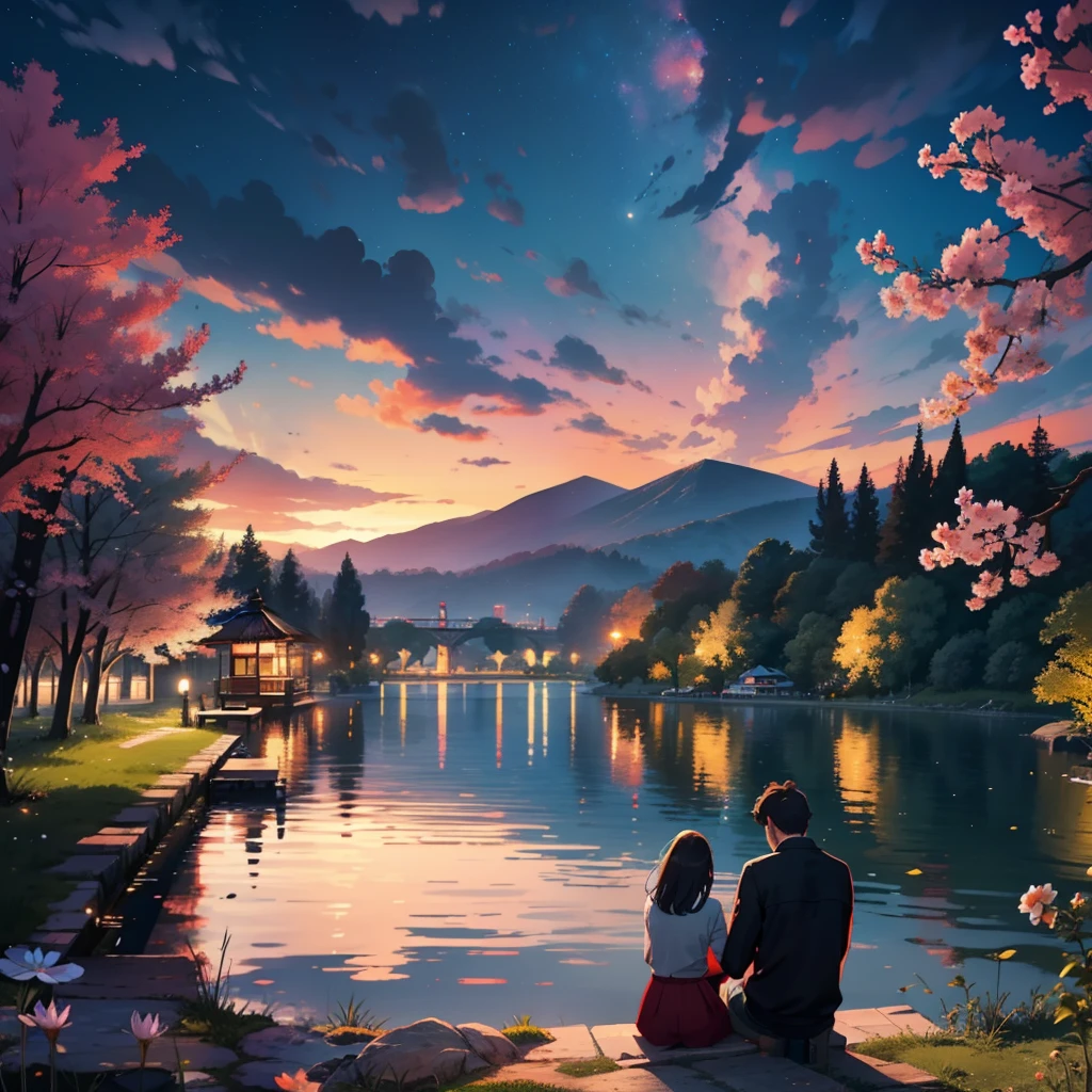 Man and woman sitting near lake smoking weeds, Woman puts her head on a man's shoulder、Both of them were watching the stars at night near the lake, koi, The city behind the lake a little further away, hard disk