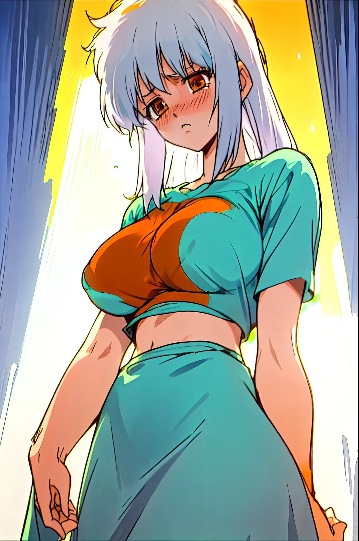 1girl as female survivor in rags, torso shot, oversized breast, blushing, orange eyes, white hair, front view, shortstackBT, looking sad, in HNKstyle, 80's anime