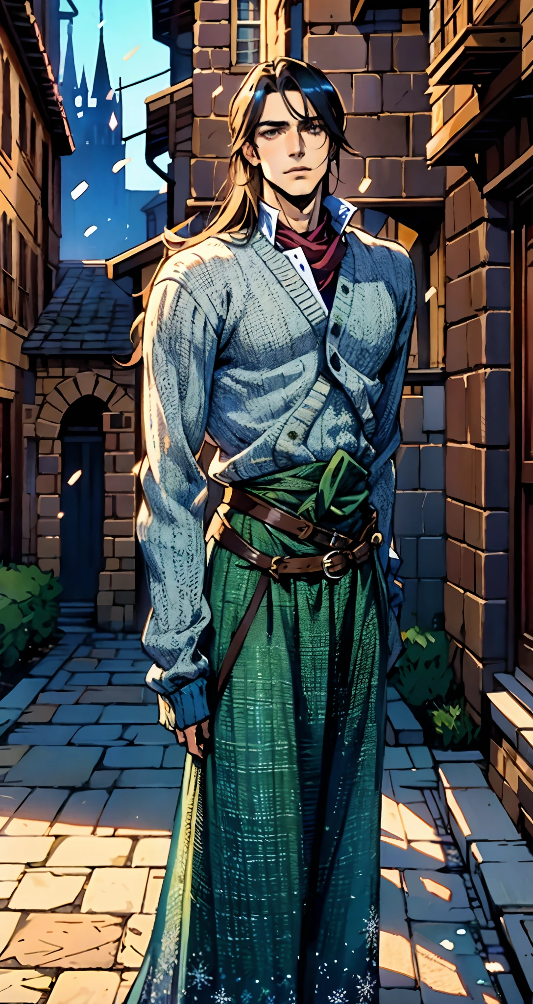 A young man with indigo long hair, long and straight hairstyle, looks up, a gentle expression, a tender gaze, a two-piece fantasy-realism style outfit, knitted shirt over a dark fitted undershirt, belted at the waist, long flowing hemline, matching trousers, the background shows a medieval fantasy-style street with snowflakes falling, this character embodies a finely crafted fantasy-realism in anime style, characterized by an exquisite and mature manga illustration art style, high definition, best quality, highres, ultra-detailed, ultra-fine painting, extremely delicate, professional, anatomically correct, symmetrical face, extremely detailed eyes and face, high quality eyes, creativity, RAW photo, UHD, 8k, Natural light, cinematic lighting, masterpiece-anatomy-perfect, masterpiece:1.5