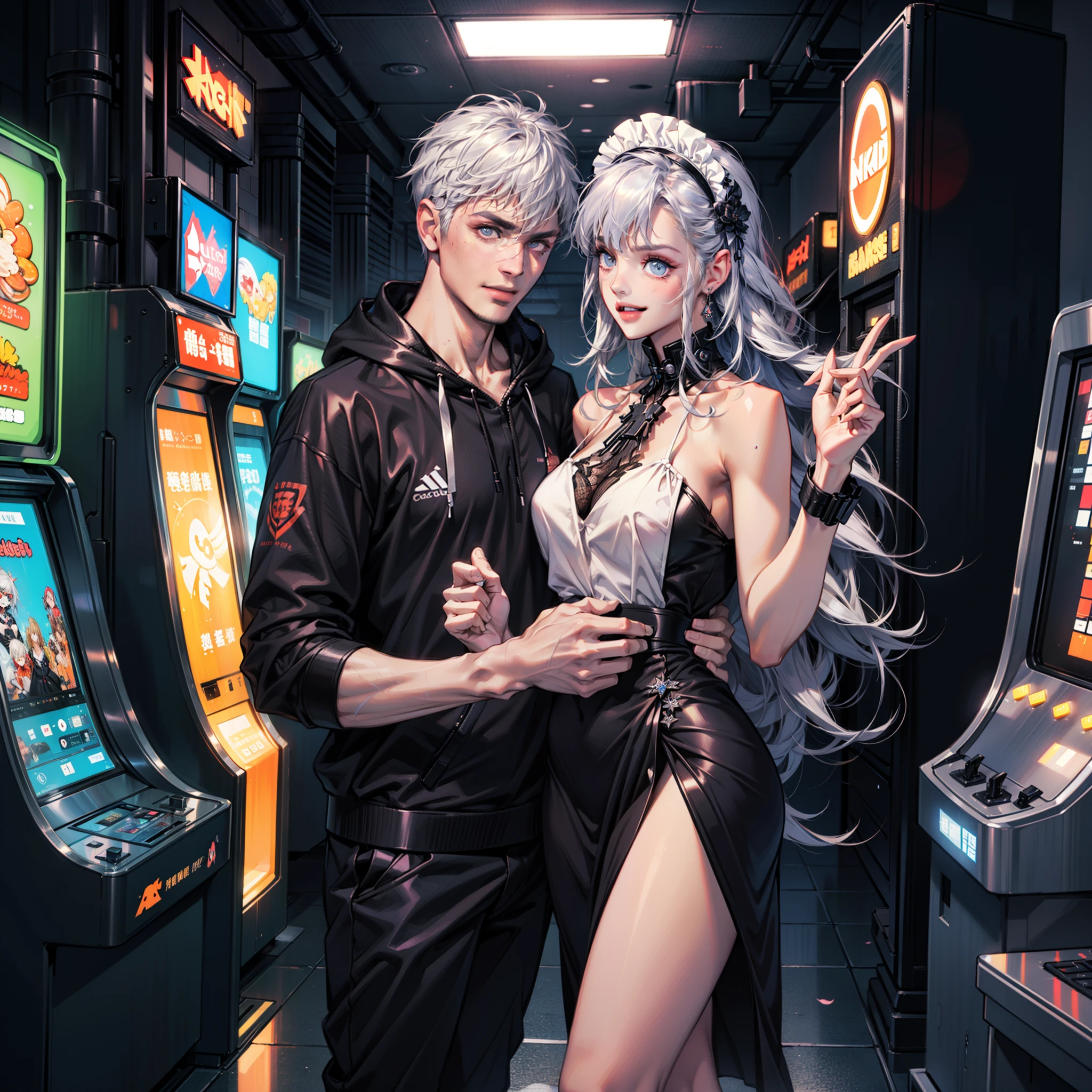 (Best quality, Masterpiece, Ultra-high resolution full screen:1.37), Night Room, Large open arcade hall，bright color scheme, coffee machines, Red neon color scheme, Silver hair, Colorful hoodie outfit, Cat ears, Orange and black matching outfits, Professional grade mechanical maid, Cyberpunk background, Rich background, Side, Smile, Various carefree poses, Perfect makeup, Love eyes, 8K quality, Cyberpunk, sense of science and technology, Character backlighting, Edge light, Movement changes, Flowing hair, Hair is scattered, Finger numbering collation, The most beautiful mechanical girl, Wear a maid headdress, Luminous accessories, Luminous earrings, Wear delicate accessories, Delicate close-up of the face, Realistic image quality, Super light and shadow, the body is very good, Meticulous, Dance the night in the arcade hall, the body is very good, Sexy, luminous, Cool, Very stylish premium arcade room，Lei Huili, Rich in ingredients, Happy smile,
