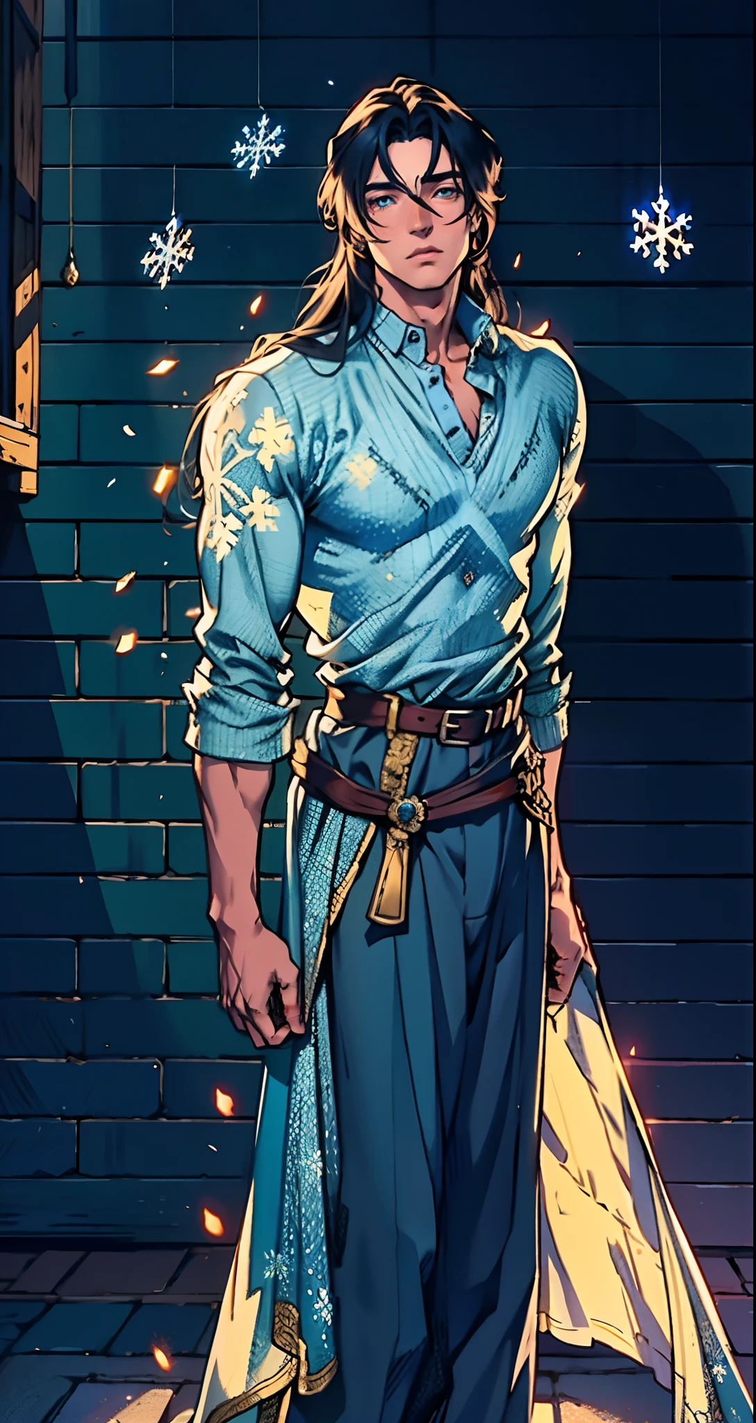 A young man with indigo long hair, long and straight hairstyle, looks up, a gentle expression, a tender gaze, a two-piece fantasy-realism style outfit, knitted shirt over a dark fitted undershirt, belted at the waist, long flowing hemline, matching trousers, the background shows a medieval fantasy-style street with snowflakes falling, this character embodies a finely crafted fantasy-realism in anime style, characterized by an exquisite and mature manga illustration art style, high definition, best quality, highres, ultra-detailed, ultra-fine painting, extremely delicate, professional, anatomically correct, symmetrical face, extremely detailed eyes and face, high quality eyes, creativity, RAW photo, UHD, 8k, Natural light, cinematic lighting, masterpiece-anatomy-perfect, masterpiece:1.5