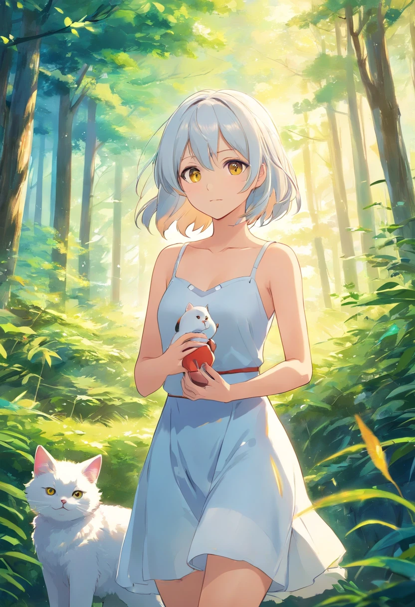 (Best quality,highr:1.2),Fotorrealista,anime big breast,A princess,girl,white dresses,small,adolable,Cartoon dog,(The low girl holds a wounded bird)Rio Claro in your hands,ln the forest,rays of sunshine,Vision Long white hair and yellow eyes,There are cats around