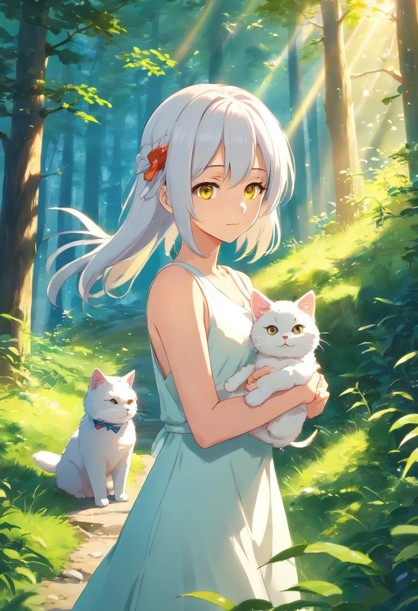 (Best quality,highr:1.2),Fotorrealista,anime big breast,A princess,girl,white dresses,small,adolable,Cartoon dog,(The low girl holds a wounded bird)Rio Claro in your hands,ln the forest,rays of sunshine,Vision Long white hair and yellow eyes,There are cats around