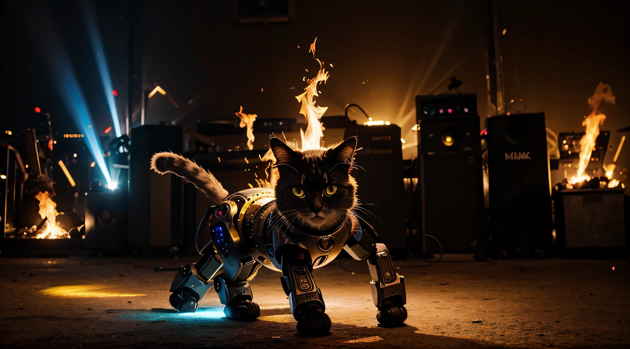 a robot-cat dance in the club ,amazing bacground with multicolor flames