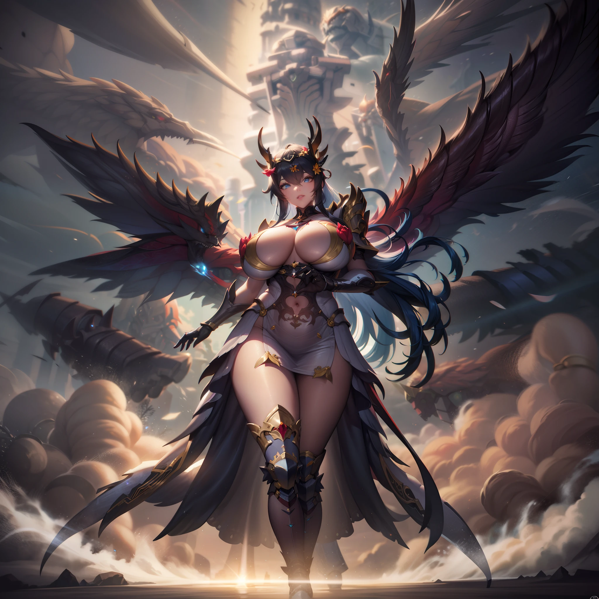 battlemech,(Blonde girl),(Huge ponytail),Glowing blue eyes,Blue Light Energy Longsword,Galactic,Mechanical and exquisite,((Blonde Beauty))pubic detail,mech wings,elegent,Blue Mecha,Glowing blue-blue eyes,(Stocking Heels),land,Mechanical and exquisite,pubic detail,mech wings,elegent,The tree々,There are hands and feet,angled,angled,immensity,Wind,hazy,Mecha's eyes glow blue,Blue Mecha,Glowing blue-blue eyes,Holding the sword of delicate light energy,Skysky,Mechanical and exquisite,pubic detail,Huge mech wings,elegent,The tree々,There are hands and feet,angled,angled,immensity,baiyun,hazy,Mecha's eyes glow blue,pubic detail,Winds of the future,sacredness,Cavalier,battlemech,Glowing blue eyes,Blue Delicate Sniper Rifle,Skysky,Mechanical and exquisite,pubic detail,Huge mech wings,elegent,The tree々,There are hands and feet,angled,angled,immensity,baiyun,hazy,Mecha's eyes glow blue,pubic detail,Winds of the future,sacredness,Cavalier,the face is clear,Face wearing mask armor,masterpaintings,best qualtiy,offcial art,the Extremely Detailed CG Unity 8K Wallpapers,brightened light,(light particules,(Illustration)(Farbe)goodlooking,impeccable,((Graphic Painting)),(Heavier stroke)),(bold lines),Highest image quality,masterpaintings,Filigree,long eyeslashes,(((silhuette))),Very detailed background,tulips,Banana leaves,lilie,dew,Date palm flowers,Ryu,Light white off-the-shoulder dress,Mottled sunlight,(Close-up of people),((Super best quality)), ((A very masterpiece)), ((super detailing:1.4)), ((hyper realistic lifelike 3d)), Dragon Warrior Girl, Mechanical body, Dynamic action poses in battle scenes, Mechanical weapons of very complex and heavy fighters, Off-the-shoulder fashion that blends dense and complex steampunk with dense gothic ta, Complex steampunk headgear, very thin long legs, Mechanical boots above the knee, Fluttering lace flared mini skirt, beautiful big breasts directed upwards,Somewhat long, Vertical curly silver hair fluttering in the wind,Countless shining large sphe
