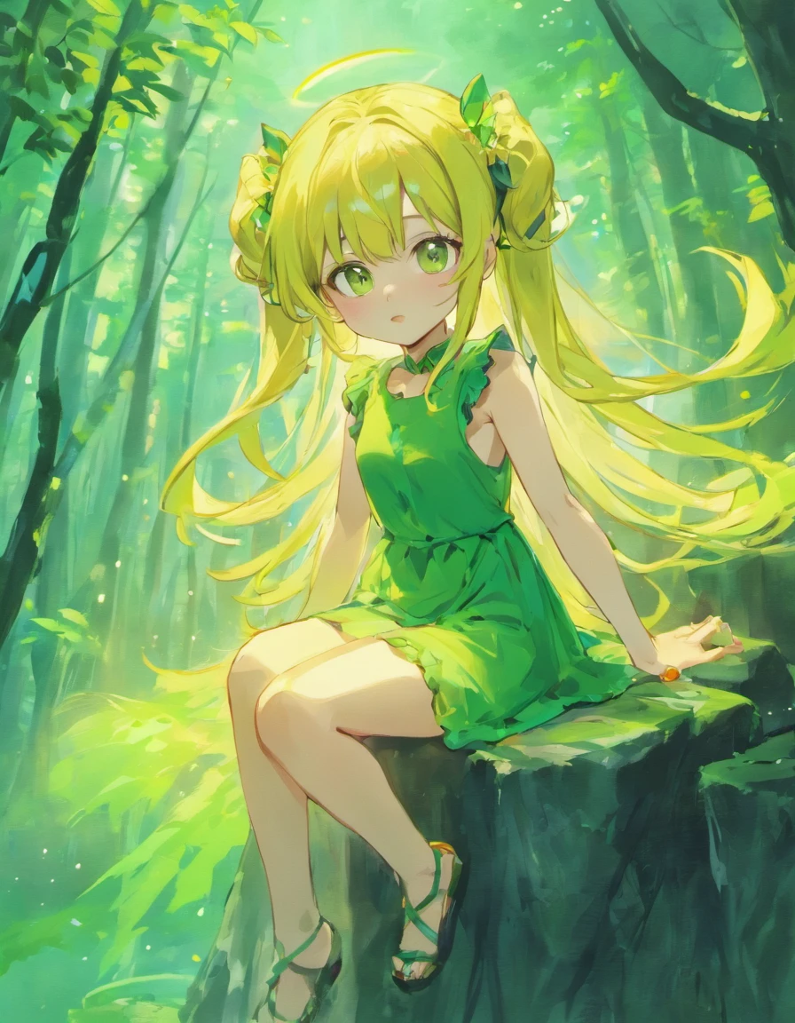 Sitting on a rock pose, Good anatomy, Super detailed illustration of cute anime fairy girl, Oneesan, Wearing a little cute green dress, long hair in pigtails, Pink hair color, Soft green fairy wings on the back, Musifer, Manga, Anime, teenager, Round numbers, Incline, Kawaii Style, Green forest background, kawaii faces, (Short dress:1.1)