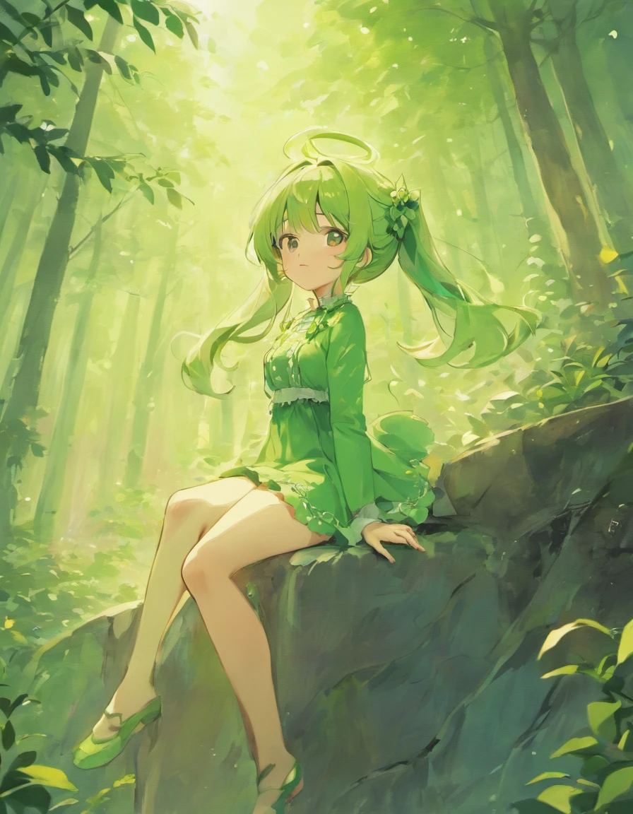 Sitting on a rock pose, Good anatomy, Super detailed illustration of cute anime fairy girl, Oneesan, Wearing a little cute green dress, long hair in pigtails, Pink hair color, Soft green fairy wings on the back, Musifer, Manga, Anime, teenager, Round numbers, Incline, Kawaii Style, Green forest background, kawaii faces, (Short dress:1.1)