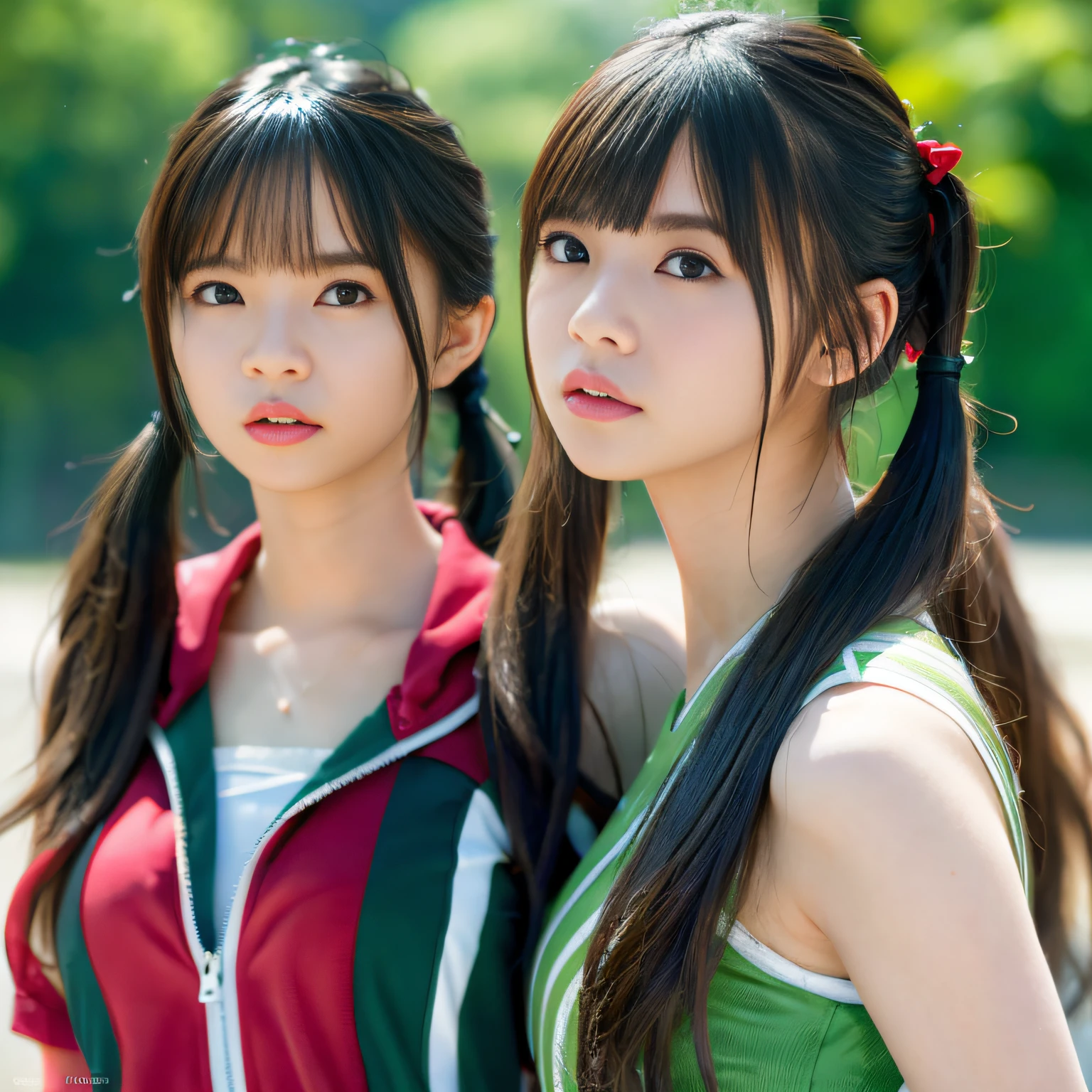 2 girls in、Beautiful mature college girl、Track attire、Outside Track Field、((Slimed、小柄))、Photorealsitic、a picture、​masterpiece、reallistic、真实感、photorealisim、High contrast、Artstation 8K HD Trending Photorealistic Digital Art HD High Definition Detailed Realistic、detaileds, Skin Texture, ultra-detailliert, realistic skin textures, armature, top-quality, 超A high resolution, (Photorealsitic:1.4),, hight resolution, detaileds, Raw photo, Sharp Re, Lee-Jeffries Nikon D850 Film Stock Photo 4 Kodak Portra 400 Camera F1.6 lenses Rich colors Hyper Realistic Vibrant textures Dramatic lighting Unreal Engine Trendy at ArtStation Cinestir 800,full body Esbian、Twintail hairstyle、Beautiful breasts、