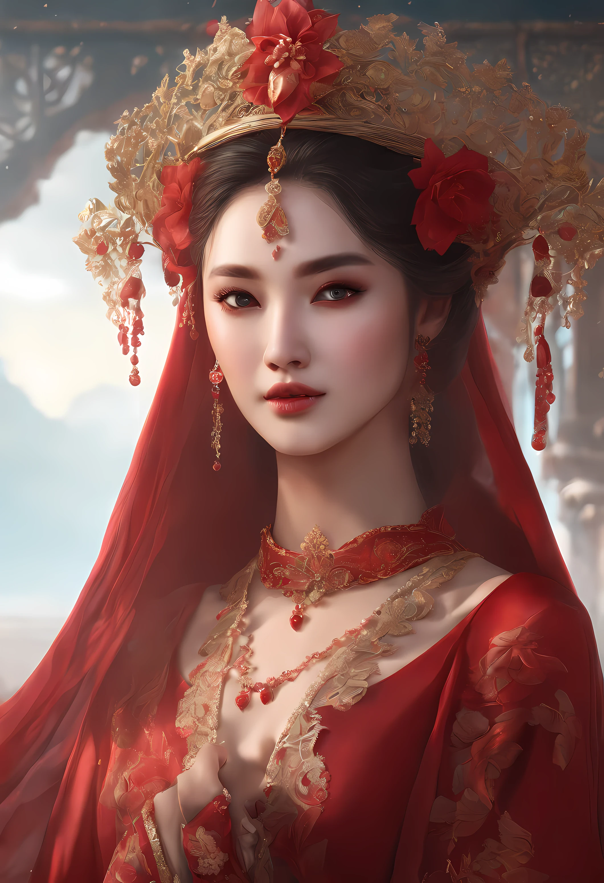 /imagine prompt: woman close-up, ross tran, chemigram, gilding, scarlet red hour, 8k, vibrant colors, velvety, ornate stunning dress, platinum, baroque, romantic, akihiko yoshida
