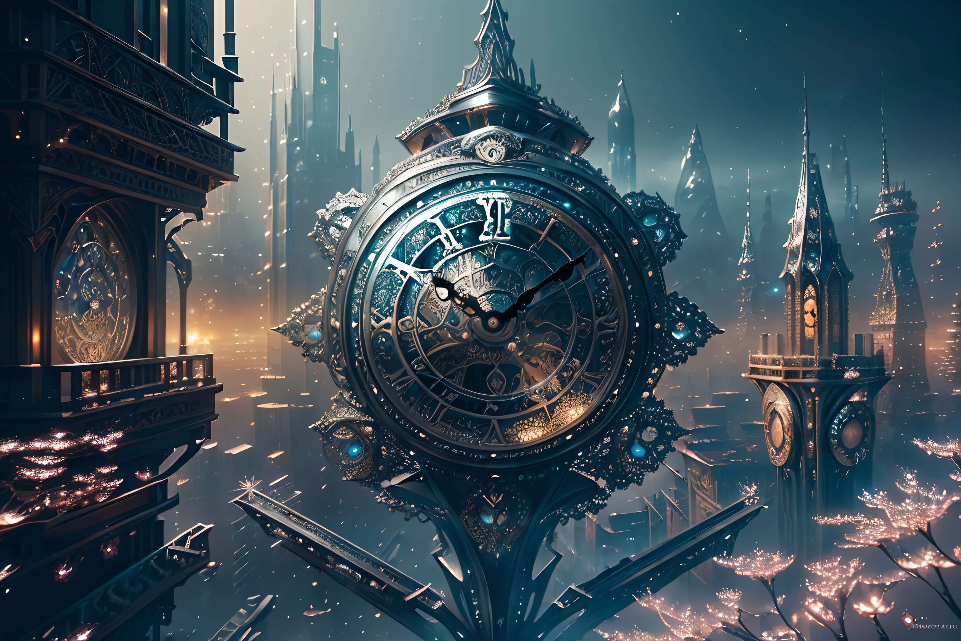 (((epic composition metal object architecture of clock_punk board))), in neuron snow transparent, (((fantasy cityscape background beautiful detailed:1.3))), ((intricate details:1.2)), tachism, rhapsody atmosphere, fused sky is swirling vortexes and dreamy, mystical gel ink, cinematic lighting for a more dramatic effect, lots sparkle sphere ball, fantastic realism, glowing neuron cherry blossom, every detail captured drawing, extremely insane detail, utterly cute fantasy flower, insane details, holography style, holographic rendering, wonderfully elaborate render, (((intricate surface detail texture:1.3))), absurd resolution, dark fantasy aesthetics, starkly beautiful art, stunningly beautiful visual quality.