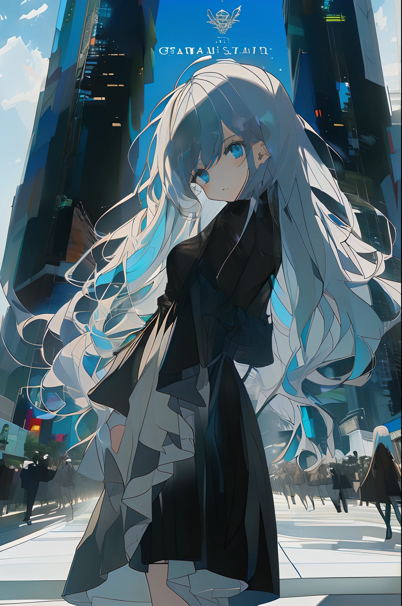 (4K works))、masterpiece、(top-quality)、((Walking in the city in the daytime))、During the walk、Korean female、adult woman、big sister、((Adult female 26 years old))、((Face similar to Hyun Jin))、cool lady、tall、((Wild look))、((Strong eyes))、((angry expressions))、((Black long sleeve long trouser style))、((Adult Sweater Fashion))、((smaller face))、Slim body、((Bad girl))、(((Sky blue long hair))、((Shot diagonally from the side))、((Shot alone))、((Solo Photography))、((She standing in the middle of the city))、((Model photo))
