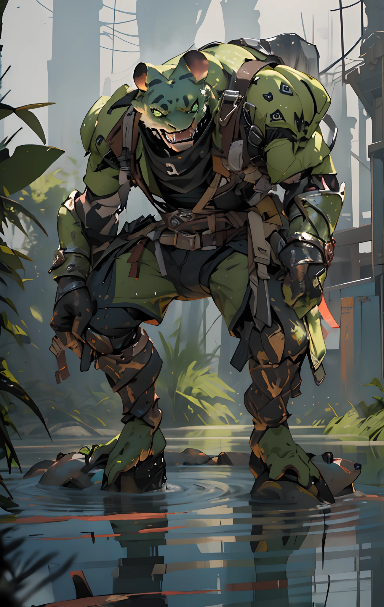 _((Cool toad in full growth)), ((Battle Toad Game)), ((Testosterone special forces warrior)), ((Waterfowl diver)),((Cheerful, strong warrior - toad)), Strong arms, broad shoulders , webbed fingers and toes. Legs are flippers. A serious opponent, armed with a tactical knife on his belt, chest pockets, diving equipment on his back. Light weapon on the belt. Green skin, blisters, pimples, green disguise. Swamp, greenery, fog, nature, pond.
Animated character, three-dimensional film, high quality skin textures, wet shine on the body. Light from the side, heroic shot. Best quality 3D animation, unreal engine, | Ultra HD | Full HD, cinematic rendering, 3D visualization - a masterpiece, TOP computer graphics ART. 8K, motion capture, skin pores, dark lighting, shading, detailed body rigging. (vivid, photorealistic, dramatic, dark, sharp focus, 8K). High detail textures, fabric, leather, metal, bone. Textures, high quality, (shades of gray, green, black elements, metallic shine), Military equipment on a loose torso, diving suit. Film grain, water, shine on the skin, humid air, the contrast of cold shadows and warm golden light. Behind the character, dark dust, a lake-swamp, whirlwinds of dead souls.