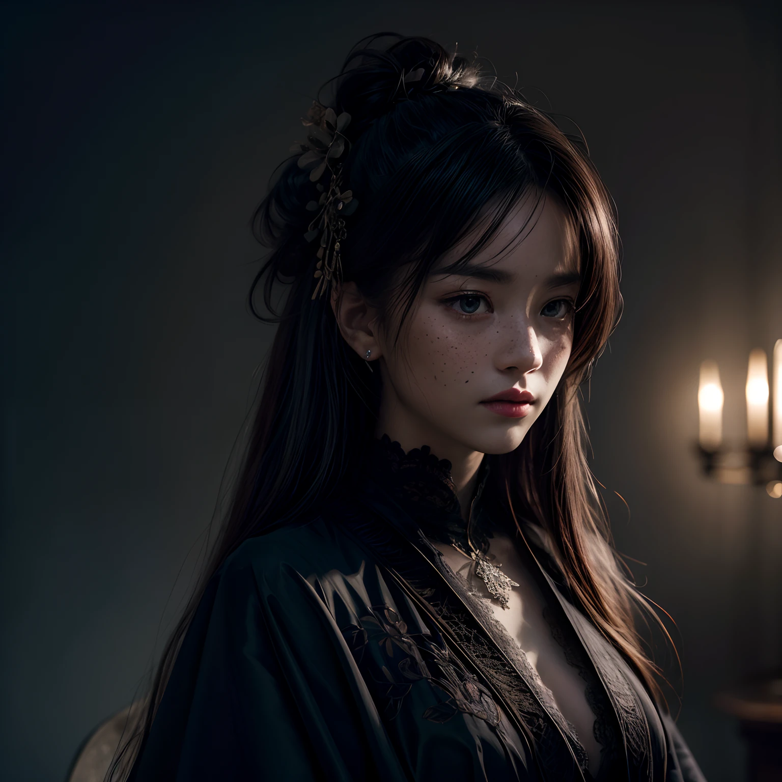 Official Art, Unity 8k wallpaper, super detailed, beautiful, beautiful girl, focused on detailed face, has a few freckles, wearing black clothing, masterpiece, best quality, dark, atmospheric, mystical, romantic, creepy, literature, art, fashion, show era, decoration, intricacies, fur products, lace, contemplation, emotional depth, supernatural, kimono 1girl, solo, neck, bust composition, Realistic, bokeh, lens_flare,Natural light,portrait,Grey Film filter,(KODAK Ektar 100:1.2)