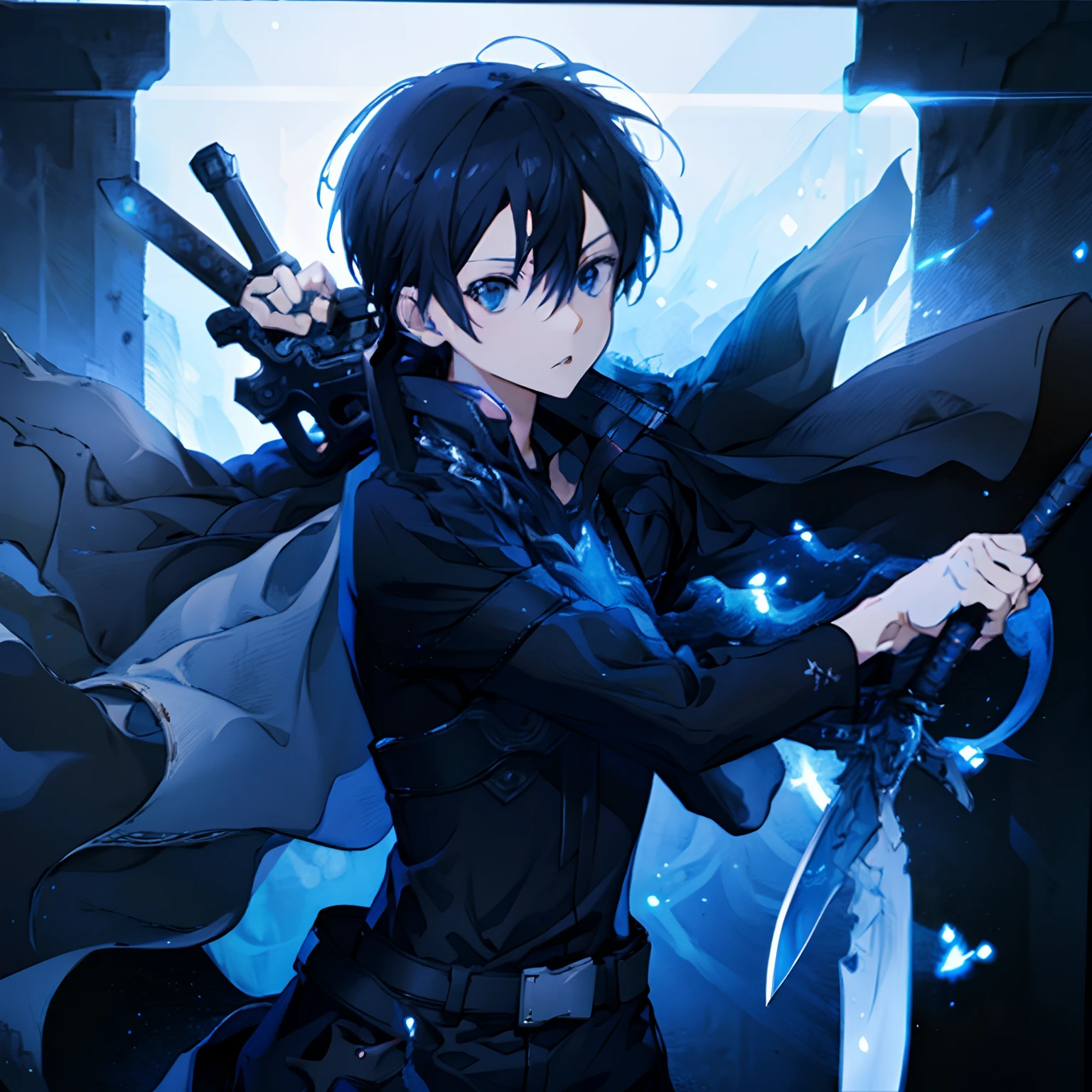 Kirito holding a sword, he is wearing black armor and the sword has blue shining