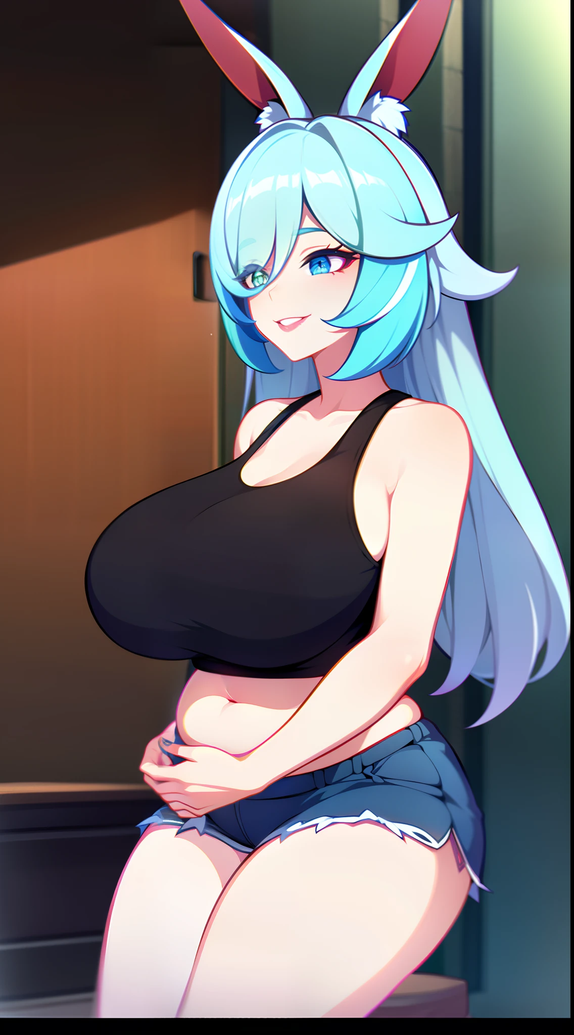 Grown-up girl, Fox ears, Fox tails, Long blue hair with pink tips, Heterochromia, The left eye is blue, Right Eye Pink, blue eye shadow, pink lipstick, black tank top, Upskirt, open belly, pop-idol, Huge-breasts, Smile, Masterpiece, hiquality, 4k, HD, Good detail