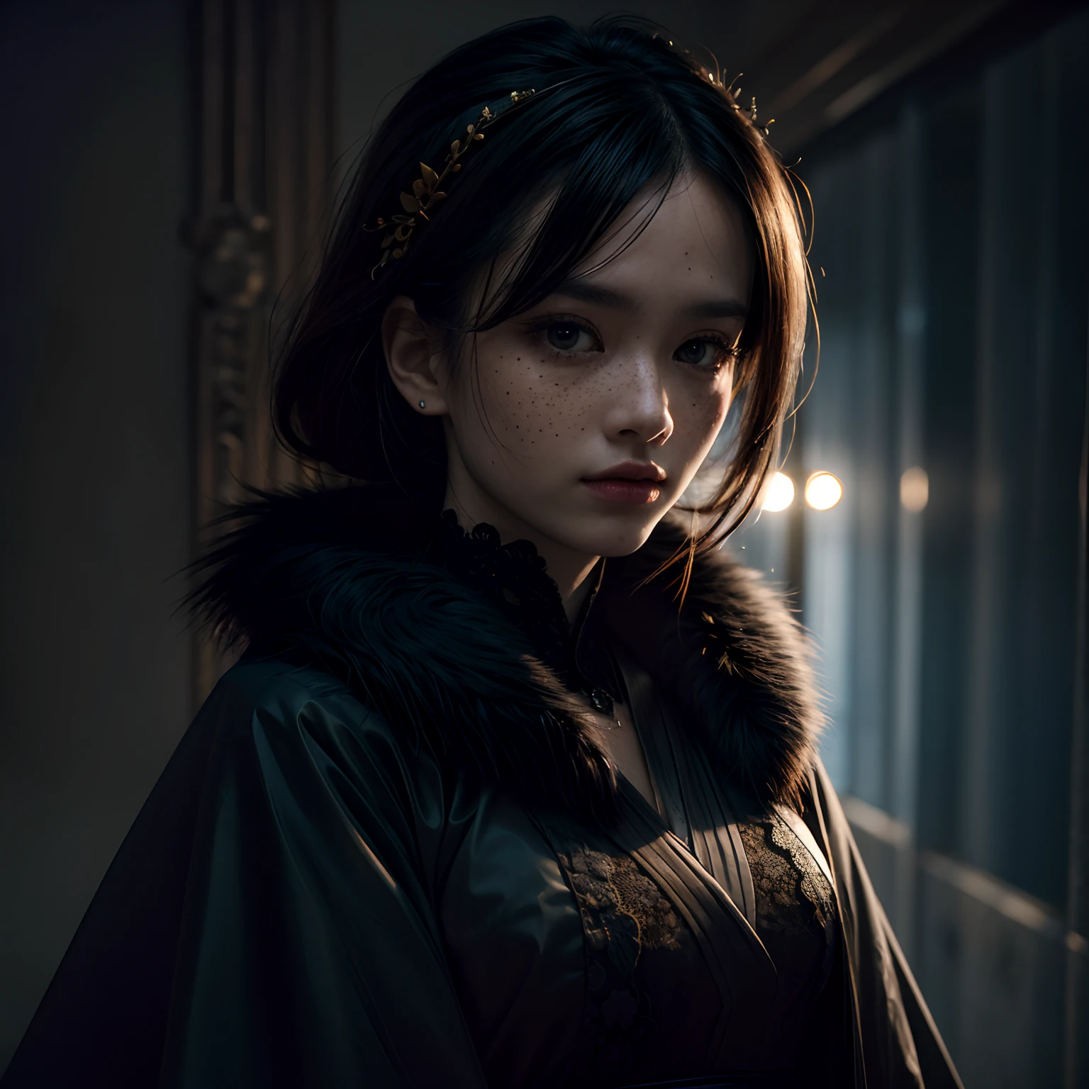 Official Art, Unity 8k wallpaper, super detailed, beautiful, beautiful girl, focused on detailed face, has a few freckles, wearing black clothing, masterpiece, best quality, dark, atmospheric, mystical, romantic, creepy, literature, art, fashion, show era, decoration, intricacies, fur products, lace, contemplation, emotional depth, supernatural, kimono 1girl, solo, neck, bust composition, Realistic, bokeh, lens_flare,Natural light,portrait,Grey Film filter,(KODAK Ektar 100:1.2)