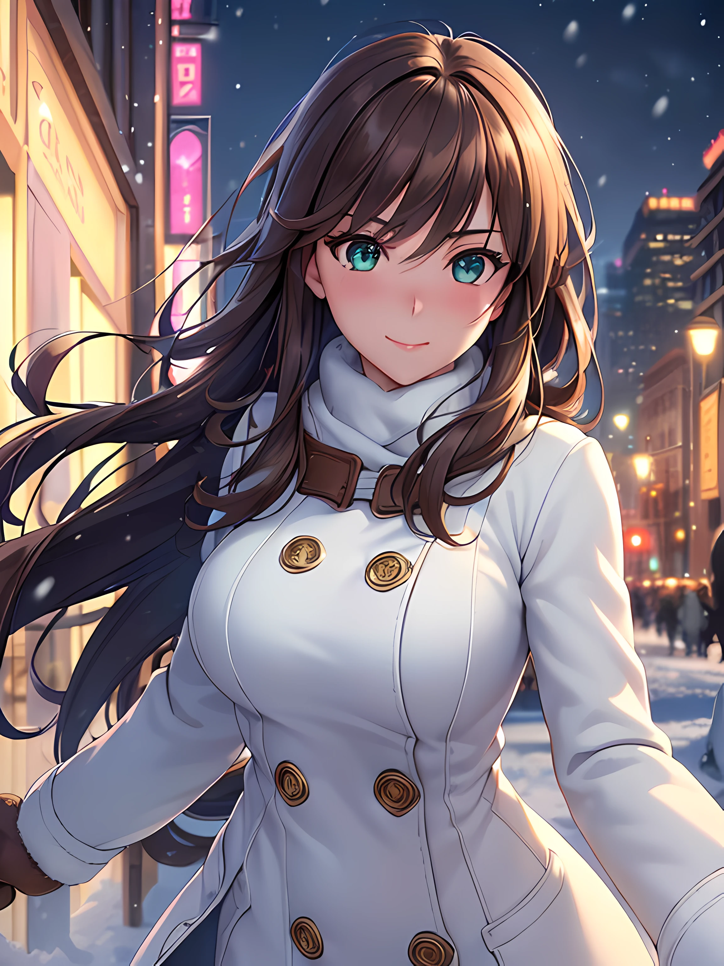 ((masterpiece, best quality, high resolution, UHD, perfect pixel, depth of field, 4k, RTX, HDR, extremely detailed)), 1girl, single, solo, 24 years old, beautiful anime girl, beautiful art style, anime character, sly smile, beautiful smile, ((long hair, brown hair)), (green eyes:1.4, rounded eyes, beautiful eyelashes, realistic eyes, extremely detailed pupil), (detailed face, blushing:1.2), (smooth texture:0.75, realistic texture:0.65, photorealistic:1.2, cinematic, anime CG style), medium breasts, upper body, perfect body, busty, (dynamic angle, POV, close up), ((winter clothes, long coats, mittens, gloves, long underwear)), night, city lights, bokeh:1.4, (outdoor, city buildings, crowd), ((winter, snowfall:1.8, heavy snow, wind, wind blows)), (graceful, prestigious, glorious, elegant, aesthetic)