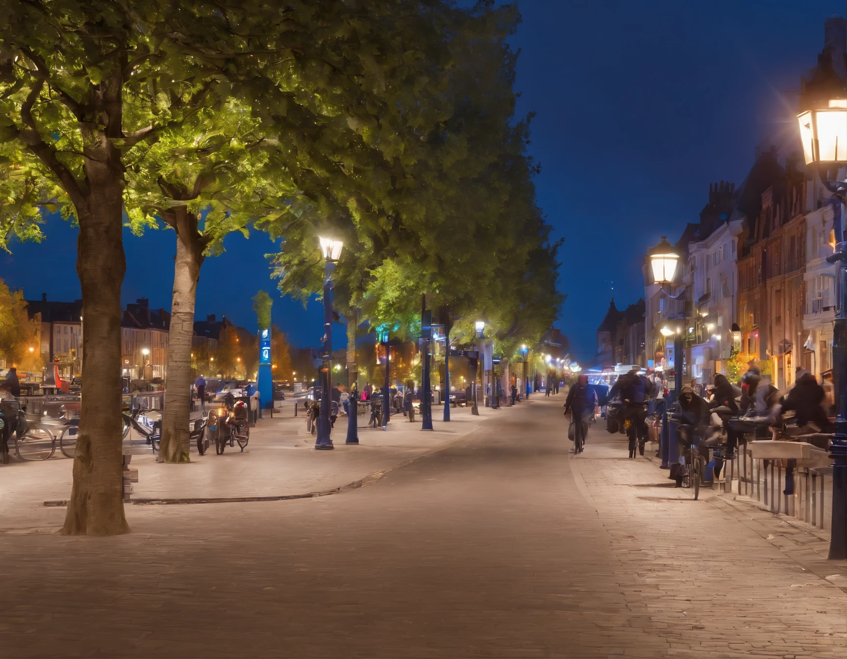 (tactical urbanism:1.1, river side pedestrianized street,blue cycle path,diverse pedestrian crossings,tree planting,street furniture,cityscape,night lights,vibrant colors,modern design)