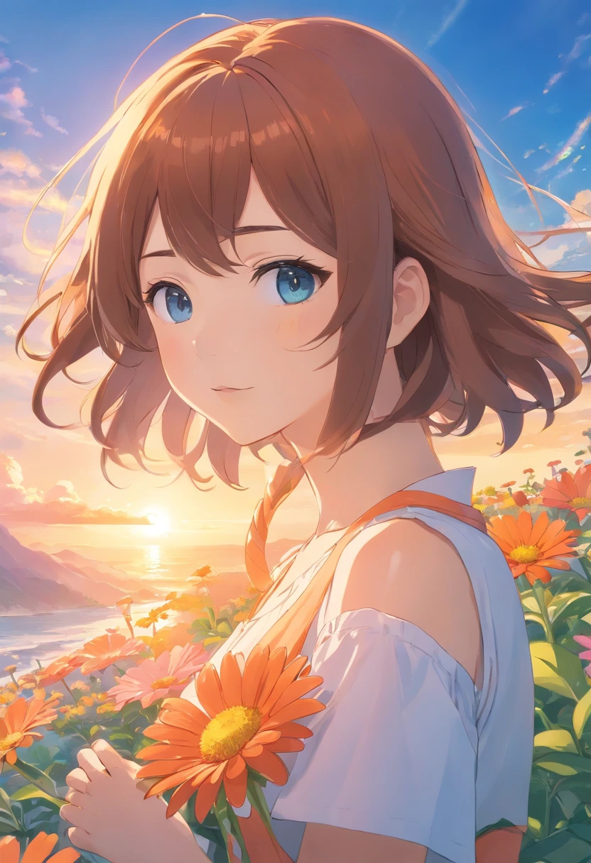 42K HD,with blue sky and white clouds,A sea of orange daisy flowers,Long brown hair,The beauty in the pink long dress spins in it,Handheld potted plants,Heart-shaped orange blossom,Planted with care,Beautiful and moving