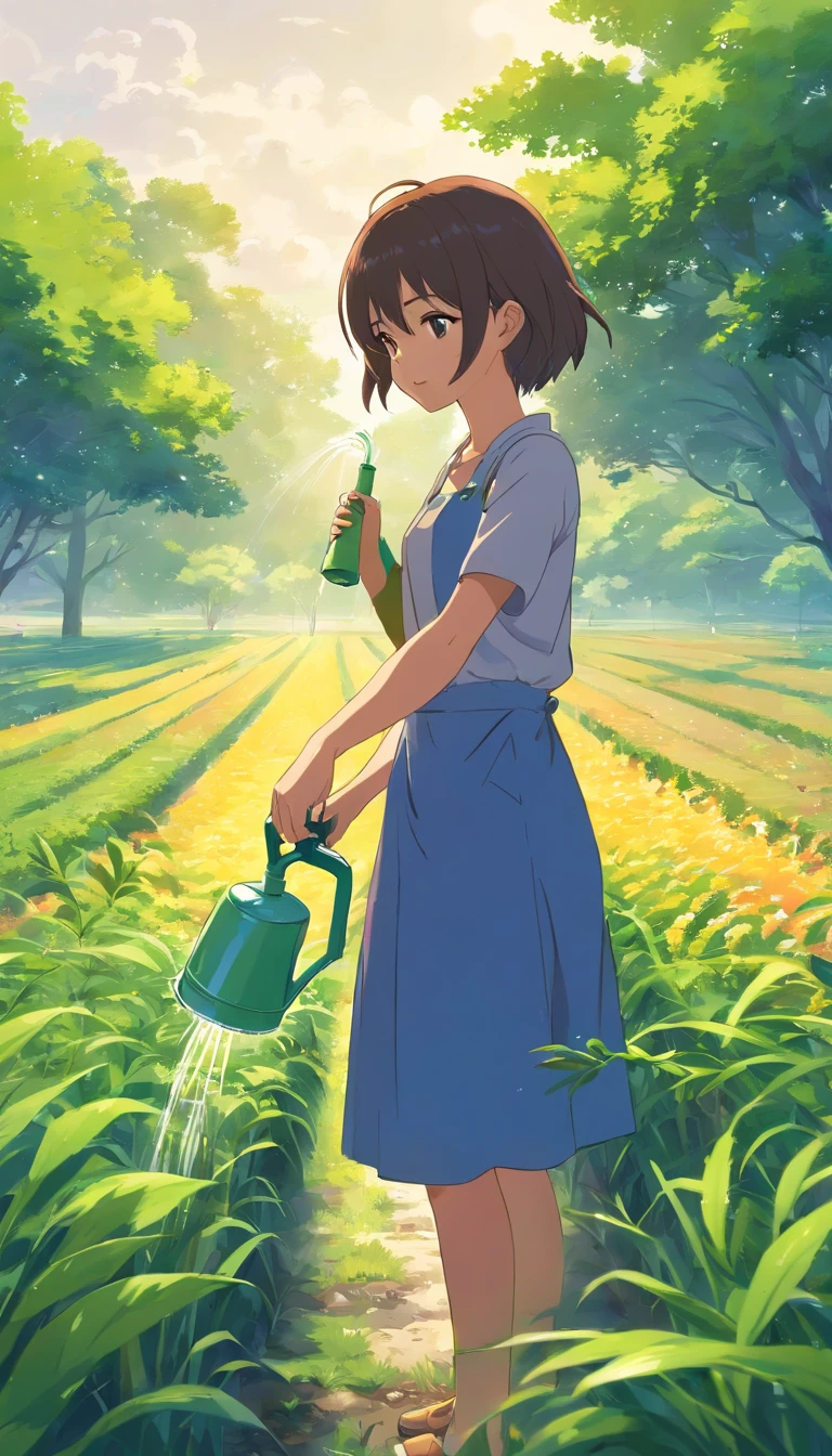 The woman is watering the plants in the field.