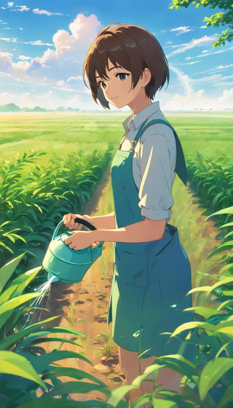 The woman is watering the plants in the field.