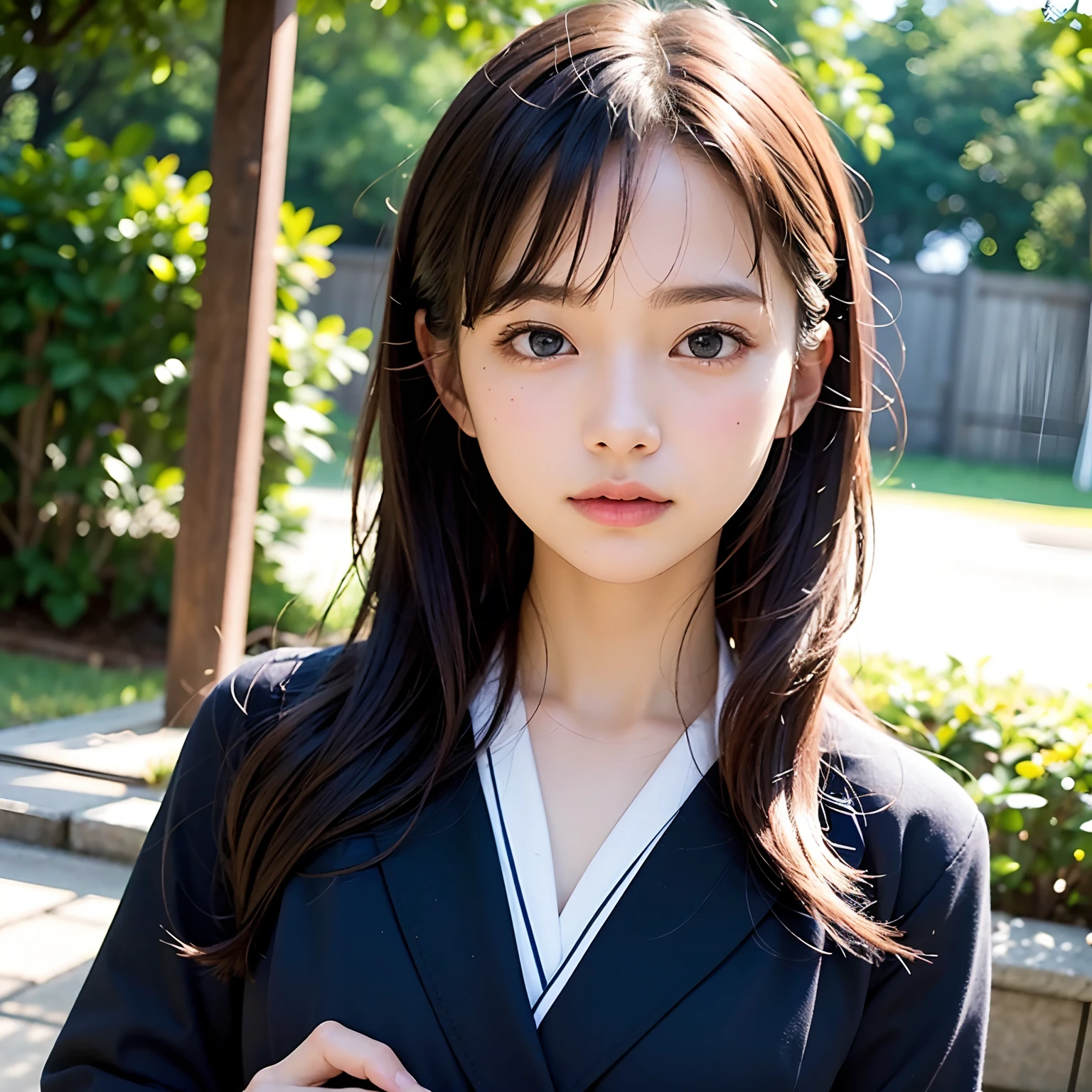 (masutepiece, Best Quality:1.2), 8K, Official art, Raw photo, Full Bord Bill Four、The front of the uniform is open、I have a bag、Going to school、Wagas、walk、Beautiful breasts are thin、14years、small tits、unbelievable Ridiculous, (Upper body、校服:1.4), Beautiful Girl, Pretty Face, arching back down,、Gold hair ornament on hair、close up, Sailor Suit, Short sleeve, violaceaess, Teen, Looking at Viewer, Film grain, chromatic abberation, Sharp Focus, face lights, Dynamic lighting, Cinematic lighting, Eyes and faces with detailed, Bokeh background,