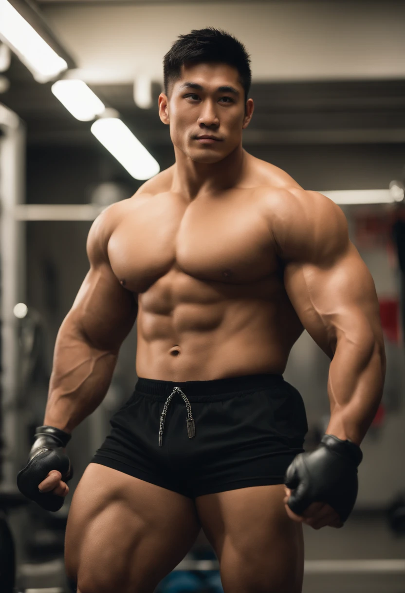 uscular young Japanese hunk, big muscles like the superhuman Hulk, round face, big droopy eyes, bodybuilder who loves to smile with a kind, sly smile, short cut, poses and angles with prominent pectoral muscles, gaze front, sexy bikini pants for men, chunky big male genitals