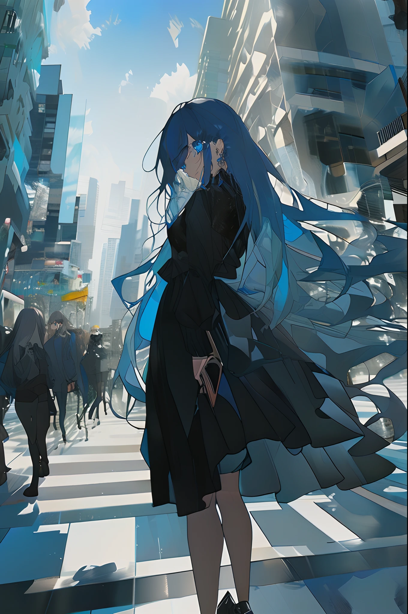 (4K works))、​masterpiece、(top-quality)、((Walking in the city in the daytime))、During the walk、Korean female、adult  woman、big sister、((Adult female 26 years old))、((Face similar to Hyun Jin))、cool lady、tall、((Wild look))、((Strong eyes))、((angry expressions))、((Black long sleeve long trouser style))、((Adult Sweater Fashion))、((smaller face))、Slim body、((Bad girl))、(((Sky blue long hair))、((Shot diagonally from the side))、((Shot alone))、((Solo Photography))、((She standing in the middle of the city))、((Model photo))