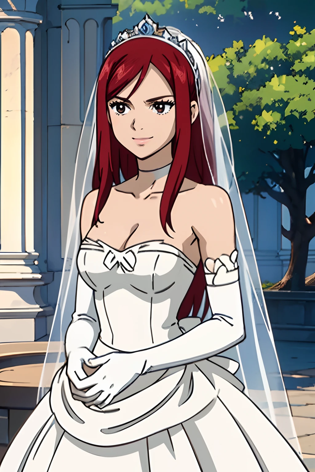 1girl hair between eyes, ahoge, brown eyes,red hair, star \(symbol\), hair ornament, dress, cleavage, bare shoulders, collarbone, long white elbow gloves, white gloves, white dress, white choker, strapless, tiara, veil, strapless dress, wedding dress, bridal veil, beautiful woman, perfect body, perfect breasts, wearing a wedding dress, ball gown, in the park trees, wedding decorations, a in love smile, realism, masterpiece, textured skin, super detail, high detail, high quality, best quality, 1080p, 16k