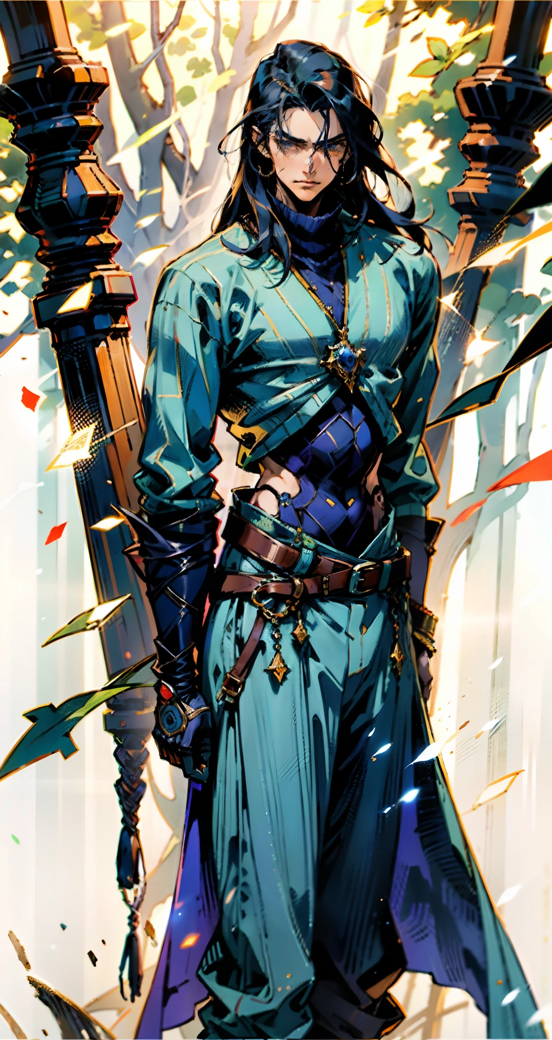 A young man with indigo long hair, long and straight hairstyle, looks up, a gentle expression, a tender gaze, a two-piece fantasy-realism style outfit, knitted shirt over a dark fitted undershirt, belted at the waist, long flowing hemline, matching trousers, the background shows a medieval fantasy-style street with snowflakes falling, this character embodies a finely crafted fantasy-realism in anime style, characterized by an exquisite and mature manga illustration art style, high definition, best quality, highres, ultra-detailed, ultra-fine painting, extremely delicate, professional, anatomically correct, symmetrical face, extremely detailed eyes and face, high quality eyes, creativity, RAW photo, UHD, 8k, Natural light, cinematic lighting, masterpiece-anatomy-perfect, masterpiece:1.5