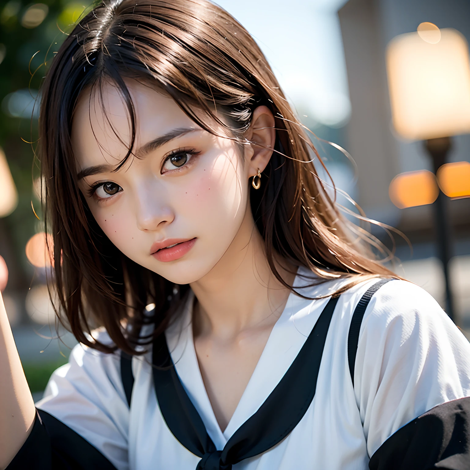 (masutepiece, Best Quality:1.2), 8K, Official art, Raw photo, Full Bord Bill Four、The front of the uniform is open、Going to school、Wagas、walk、Beautiful breasts are thin、years、small tits、unbelievable Ridiculous, (Upper body、校服:1.4), Beautiful Girl, Pretty Face, arching back down,、Gold hair ornament on hair、close up, Sailor Suit, Short sleeve, violaceaess, Teen, Looking at Viewer, Film grain, chromatic abberation, Sharp Focus, face lights, Dynamic lighting, Cinematic lighting, Eyes and faces with detailed, Bokeh background,