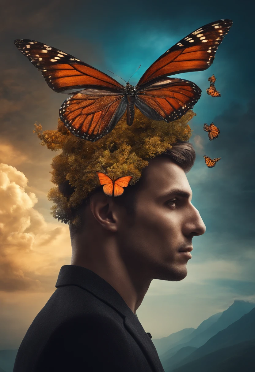 a man with a butterfly on his head, digital art, inspired by Igor Morski, trending on pexels, digital art, in style of cyril rolando, primeval duality, demolition, matte painting of human mind