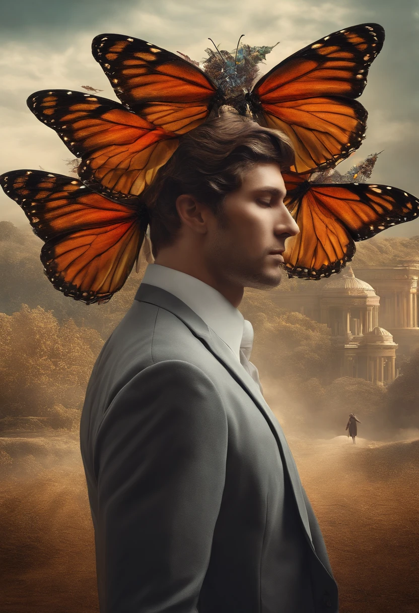 a man with a butterfly on his head, digital art, inspired by Igor Morski, trending on pexels, digital art, in style of cyril rolando, primeval duality, demolition, matte painting of human mind