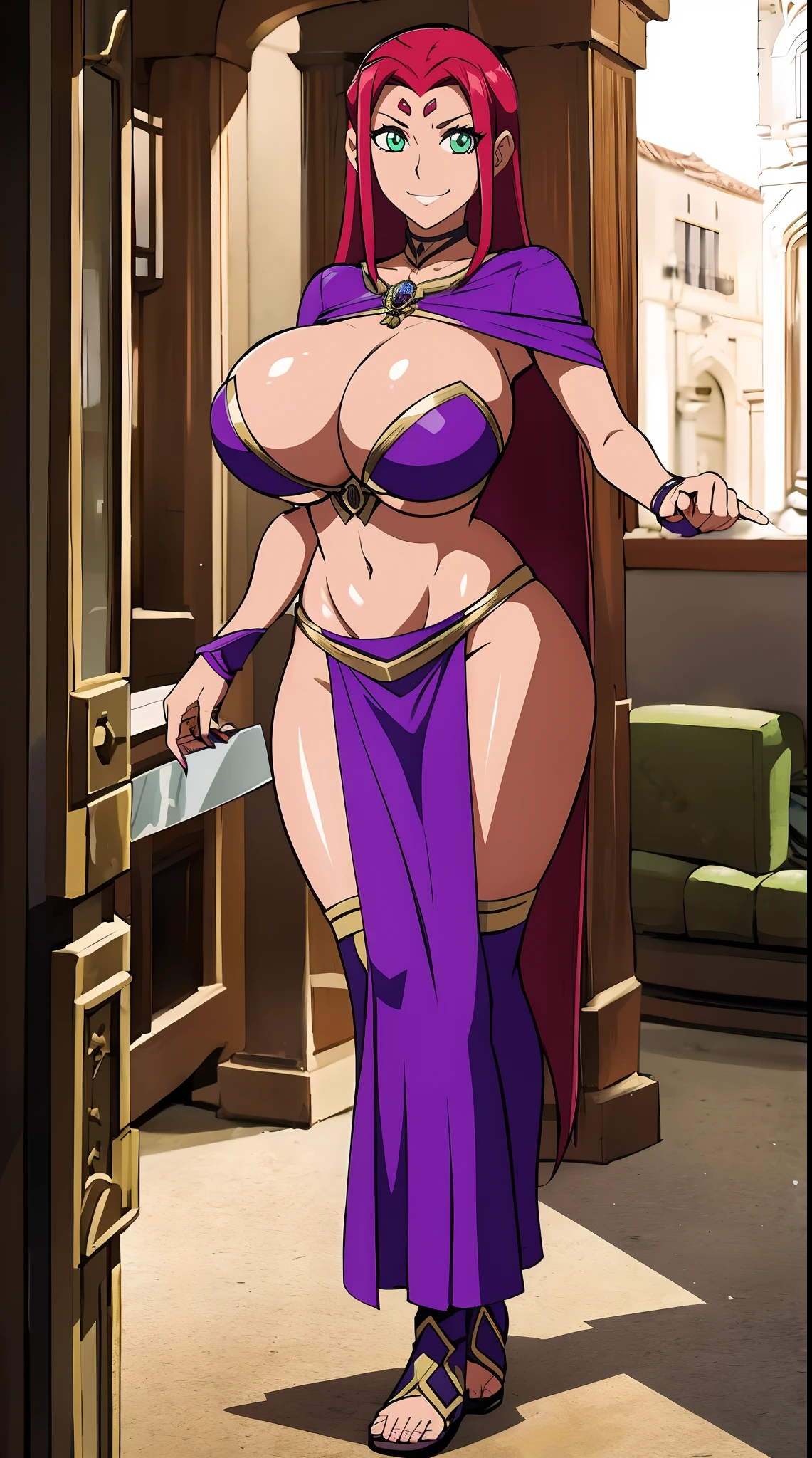  titans, Starfire, anime, masterpiece, 1girl, ((bimbo))), smile face, green eyes, long red hair, , wide hips, thick thigh, big breast, huge ass, shiny skin, purple skirt, purple top, full body, /upscale (icone de um jogo), (icone de peitoral : 1.5), um peitoral , peitoral marrom, chest plate, peitoral pesada marrom, peitoral grosso, peitoral de Armadura intrincada, peitoral de armadura de fantasia pesada, peitoral detalhado, armadura ornamentada, peitoral de Armadura Paladina, peitoral dearmadura de batalha, intrincada peitoral, boots,long skirt