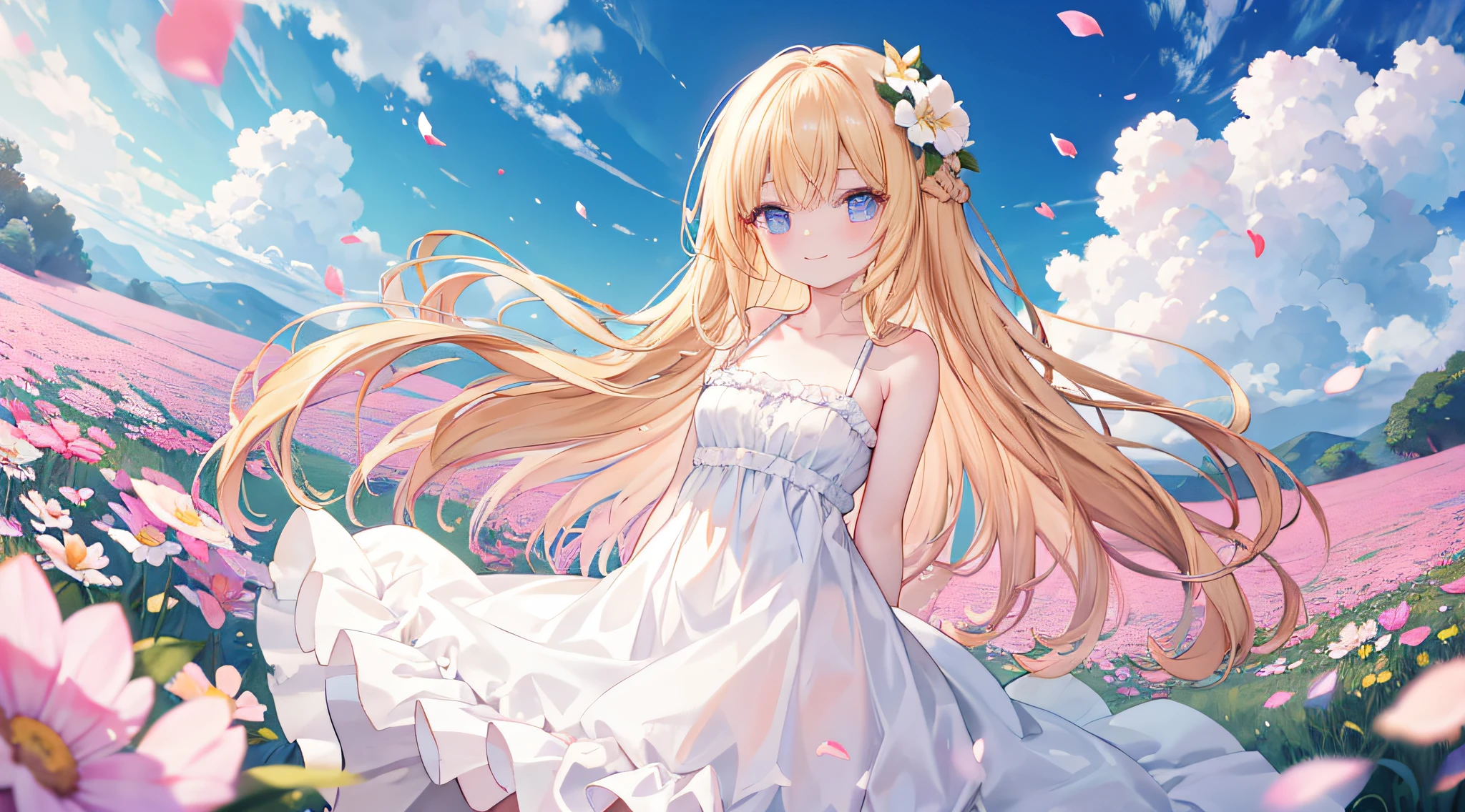 masterpiece, best quality, flower field, summer dress, frilled dress, long hair, blonde hair, blue eyes, hair band, flower in hair, collarbone, bare shoulder, dynamic pose, looking at viewer, {fish eye lens}, flower petals, clouds, smile, {{{feet out of frame}}}, {{{arms behind back}}},