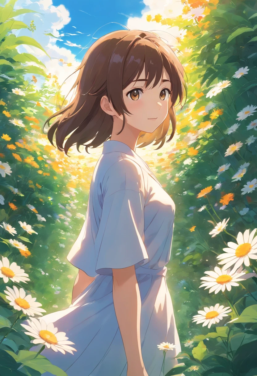 42K HD，with blue sky and white clouds，A sea of orange daisy flowers，Long brown hair，Long hair，The beauty in the pink long dress spins in it，Handheld potted plants，Handheld，Heart-shaped orange blossom，Carefully grown，Beautiful and moving